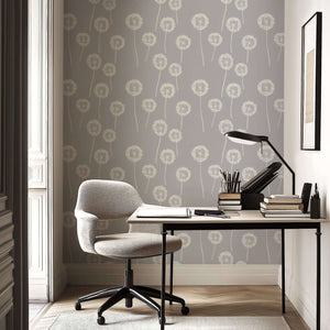 Gray wallpaper with white dandelion patterns, perfect for nurseries, children's rooms, or a playful, modern space.