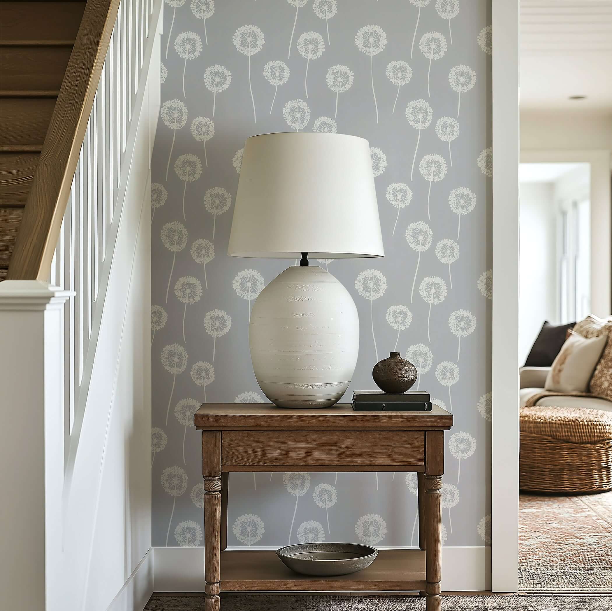 Dandelion Whimsy wallpaper in a playroom, featuring white dandelions on gray, perfect for nurseries and children's spaces.