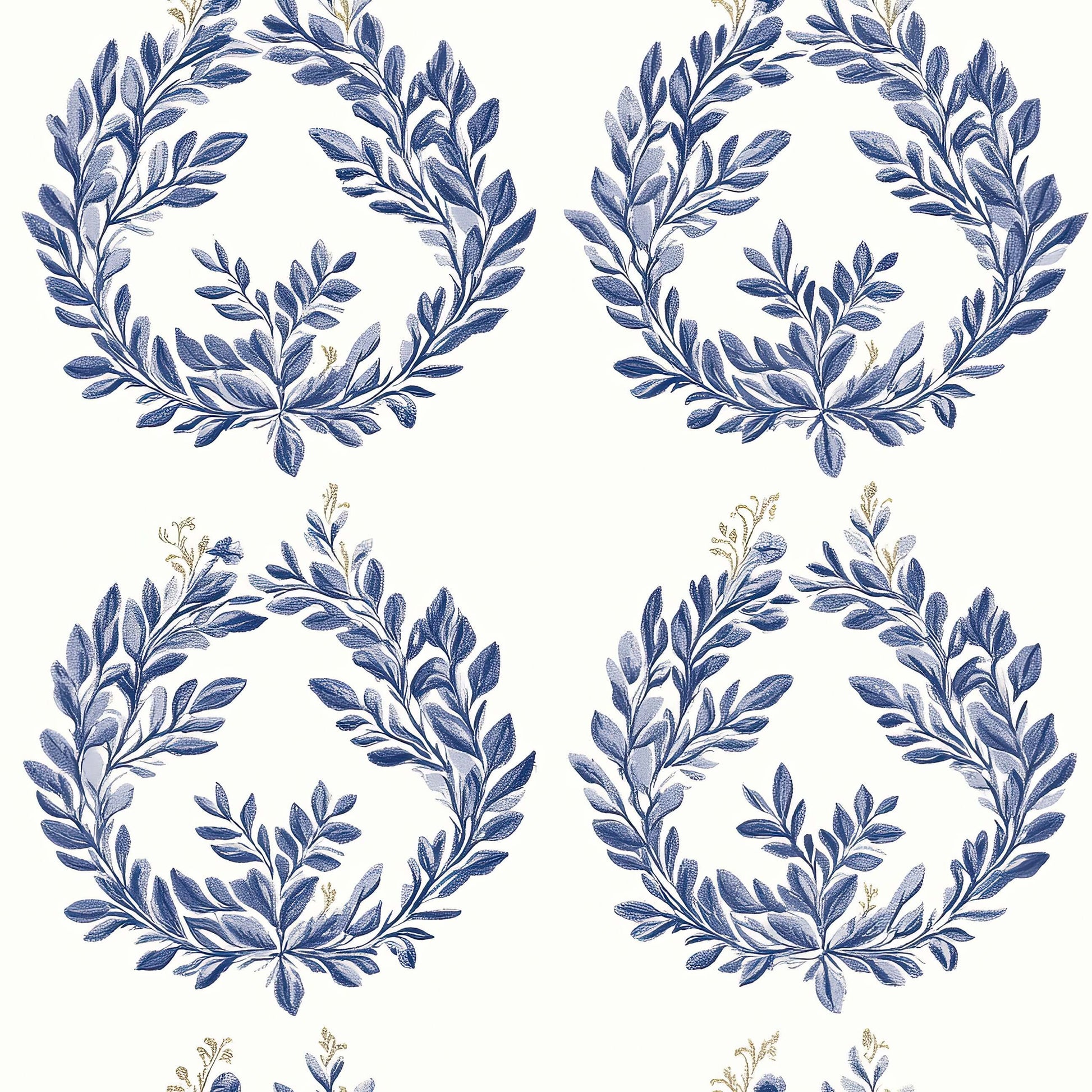 Majestic Laurel Rings wallpaper featuring navy laurel wreaths on an ivory background, perfect for elegant botanical wall decor.
