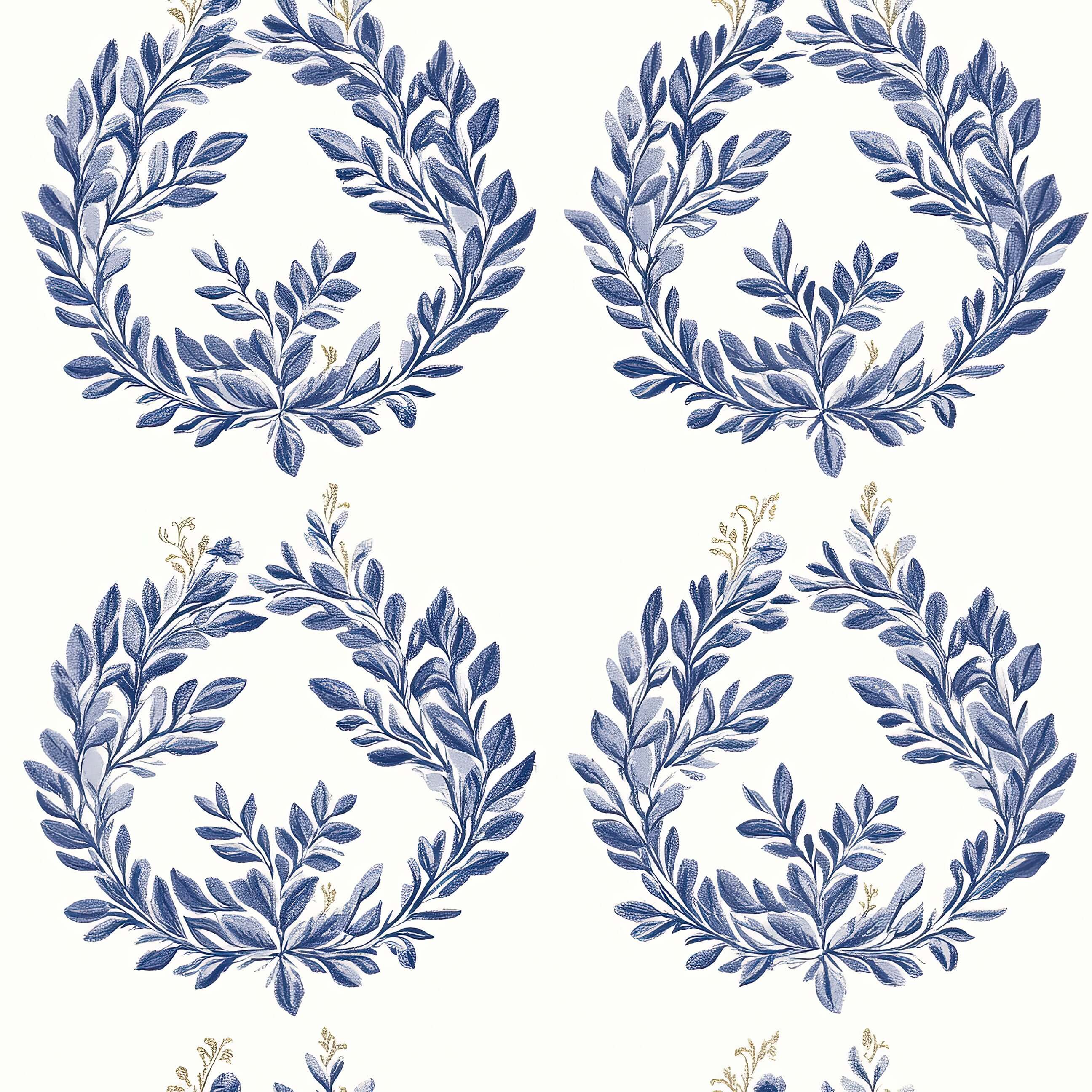 Majestic Laurel Rings wallpaper featuring navy laurel wreaths on an ivory background, perfect for elegant botanical wall decor.