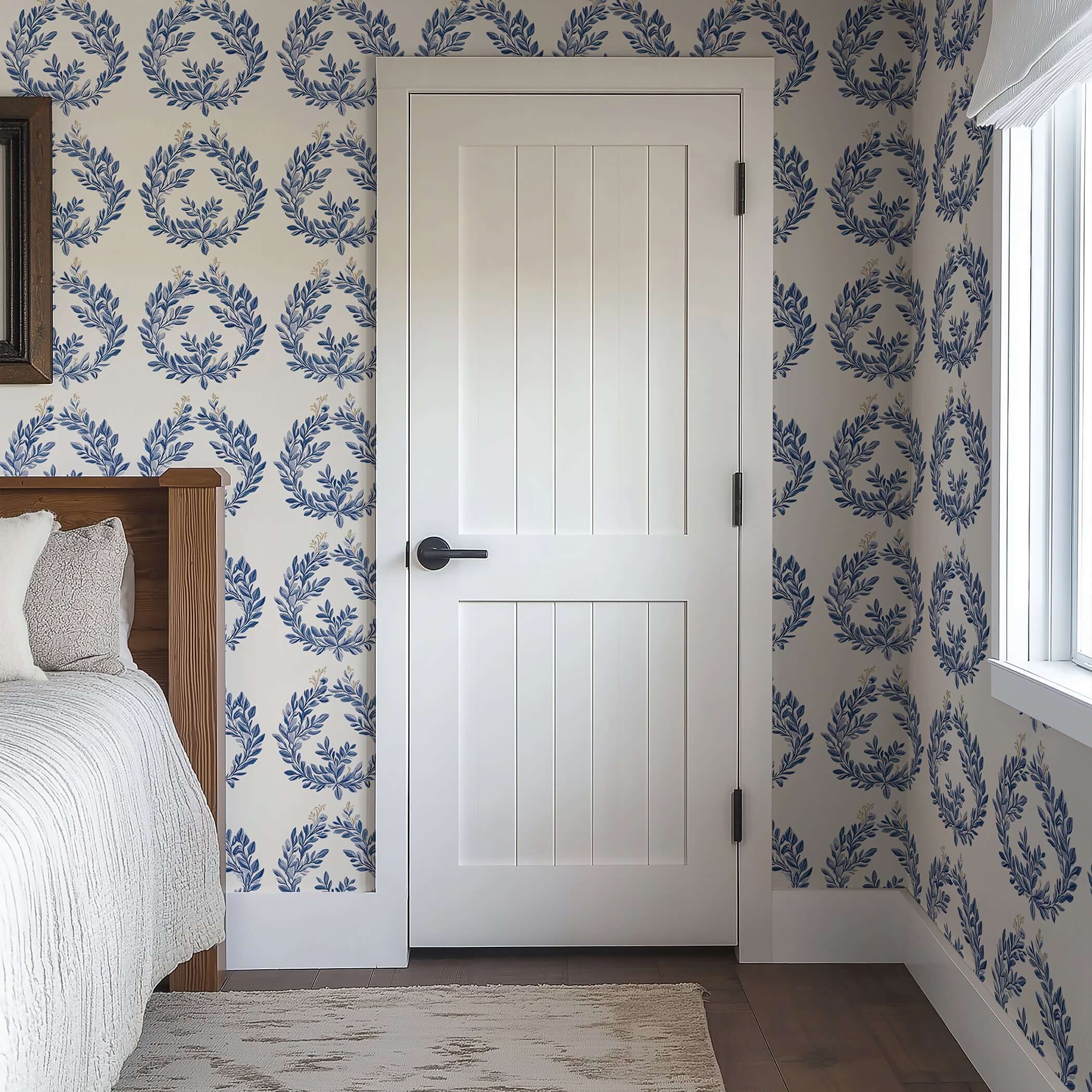 Room with Majestic Laurel Rings wallpaper featuring navy laurel wreaths on ivory, enhancing elegance with botanical luxury.