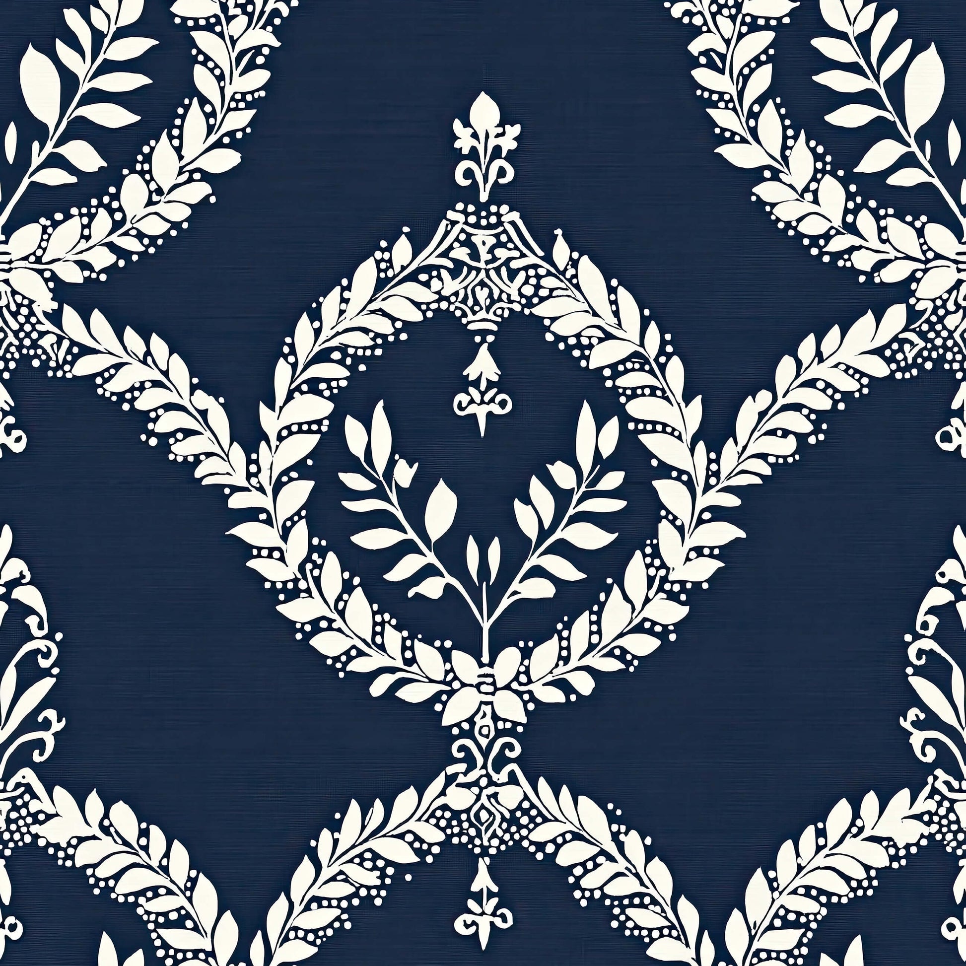 Ivory laurel wreaths and crests on navy vintage wallpaper, perfect for traditional, sophisticated decor in dining rooms or libraries.