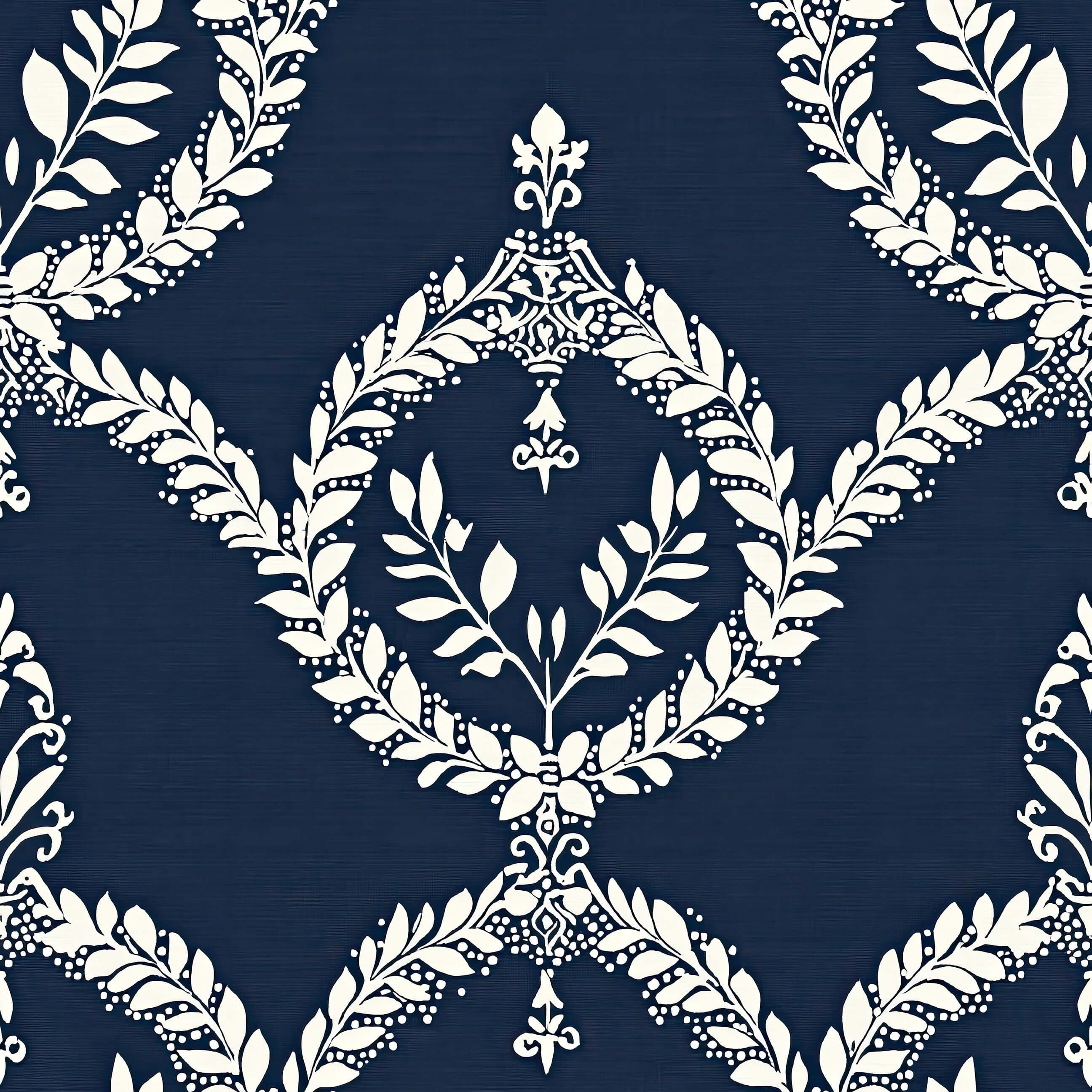Ivory laurel wreaths and crests on navy vintage wallpaper, perfect for traditional, sophisticated decor in dining rooms or libraries.