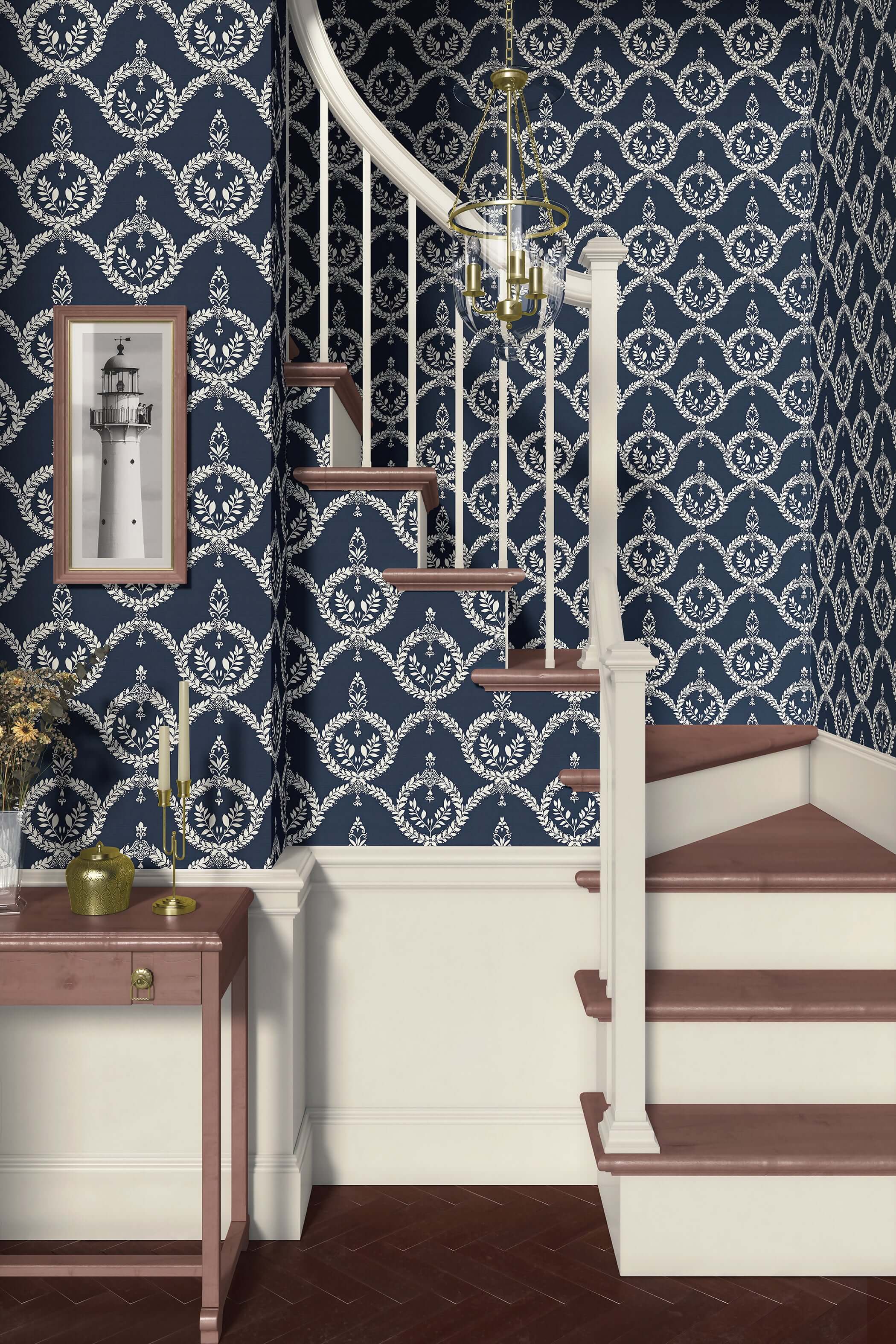Vintage Crest Wallpaper with ivory crests and laurel wreaths on a dark navy background, enhancing a staircase area.
