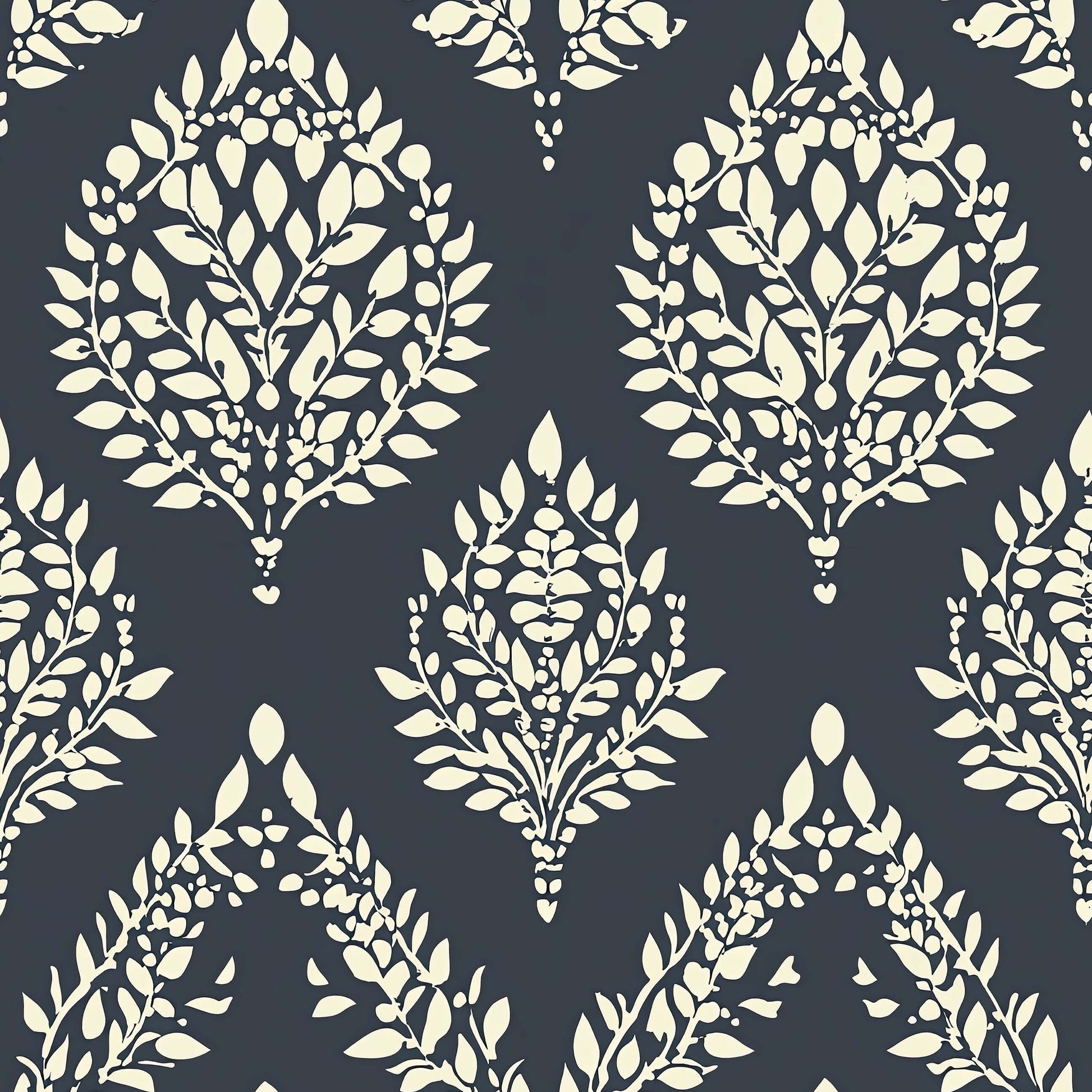 Ivory botanical laurel wreath pattern on charcoal wallpaper, blending damask and modern designs for vintage decor. Ideal accent wall.