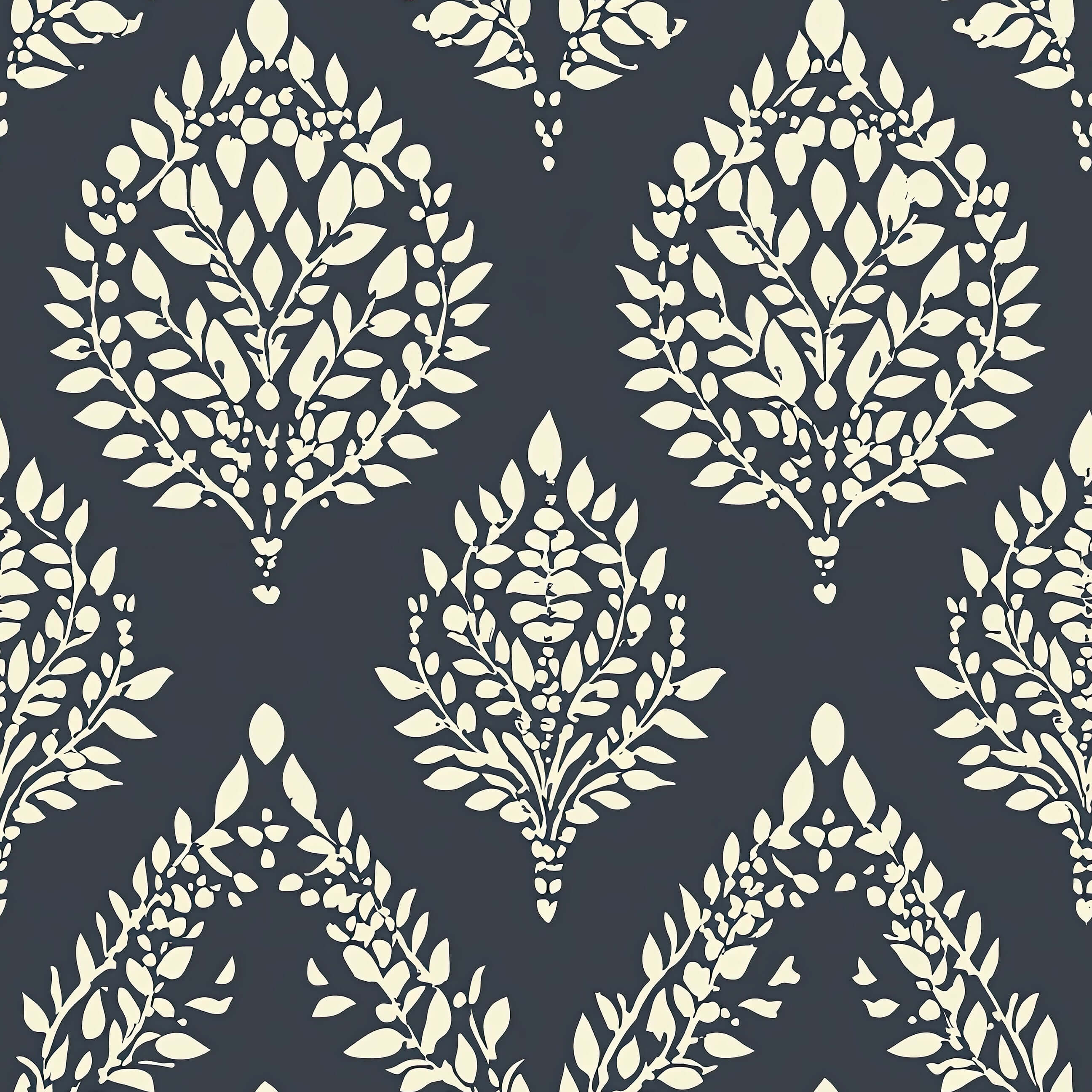 Ivory botanical laurel wreath pattern on charcoal wallpaper, blending damask and modern designs for vintage decor. Ideal accent wall.
