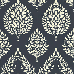 Ivory botanical laurel wreath pattern on charcoal wallpaper, blending damask and modern designs for vintage decor. Ideal accent wall.