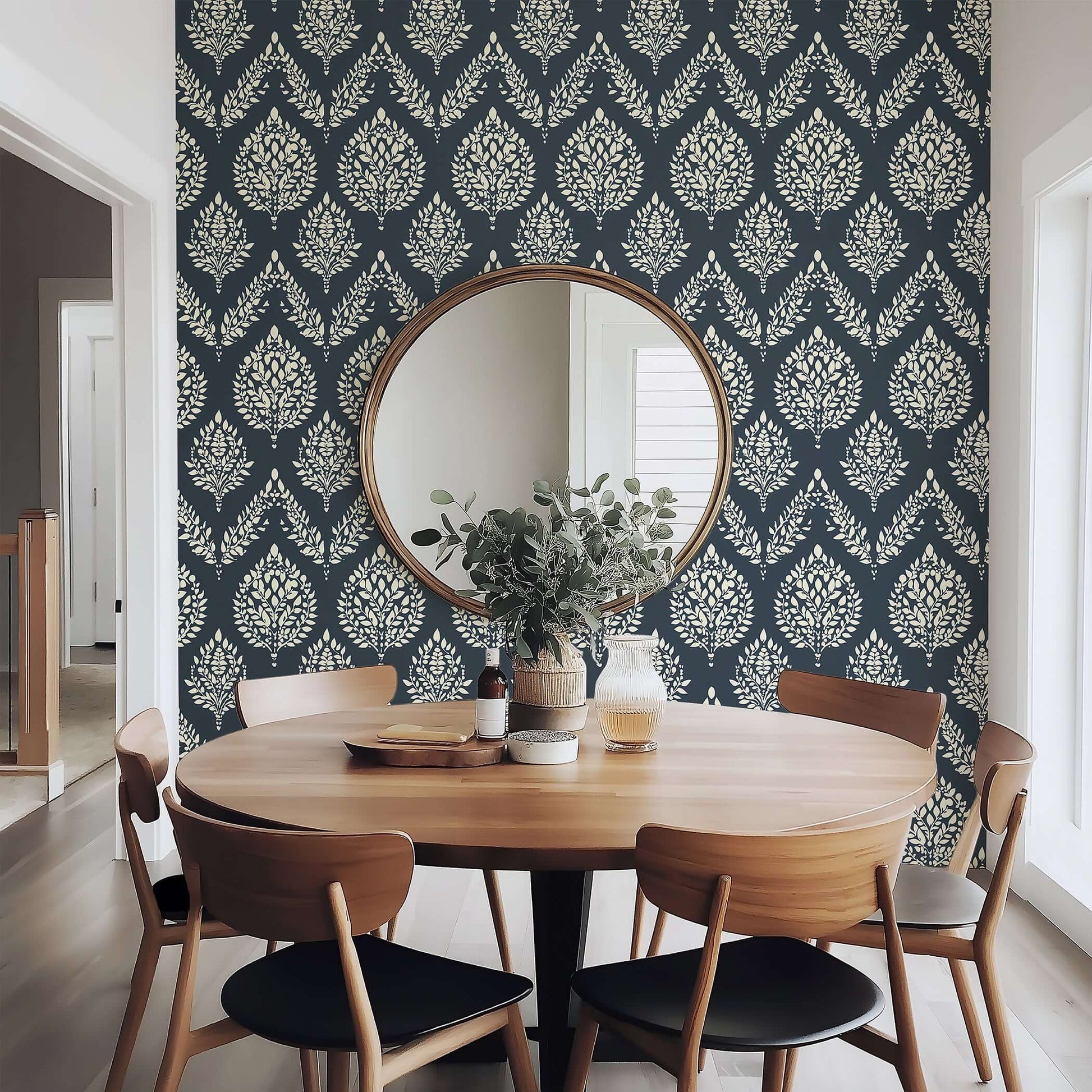 Dining room featuring Heritage Flora wallpaper with laurels on a deep charcoal backdrop, complementing the sophisticated wooden decor.