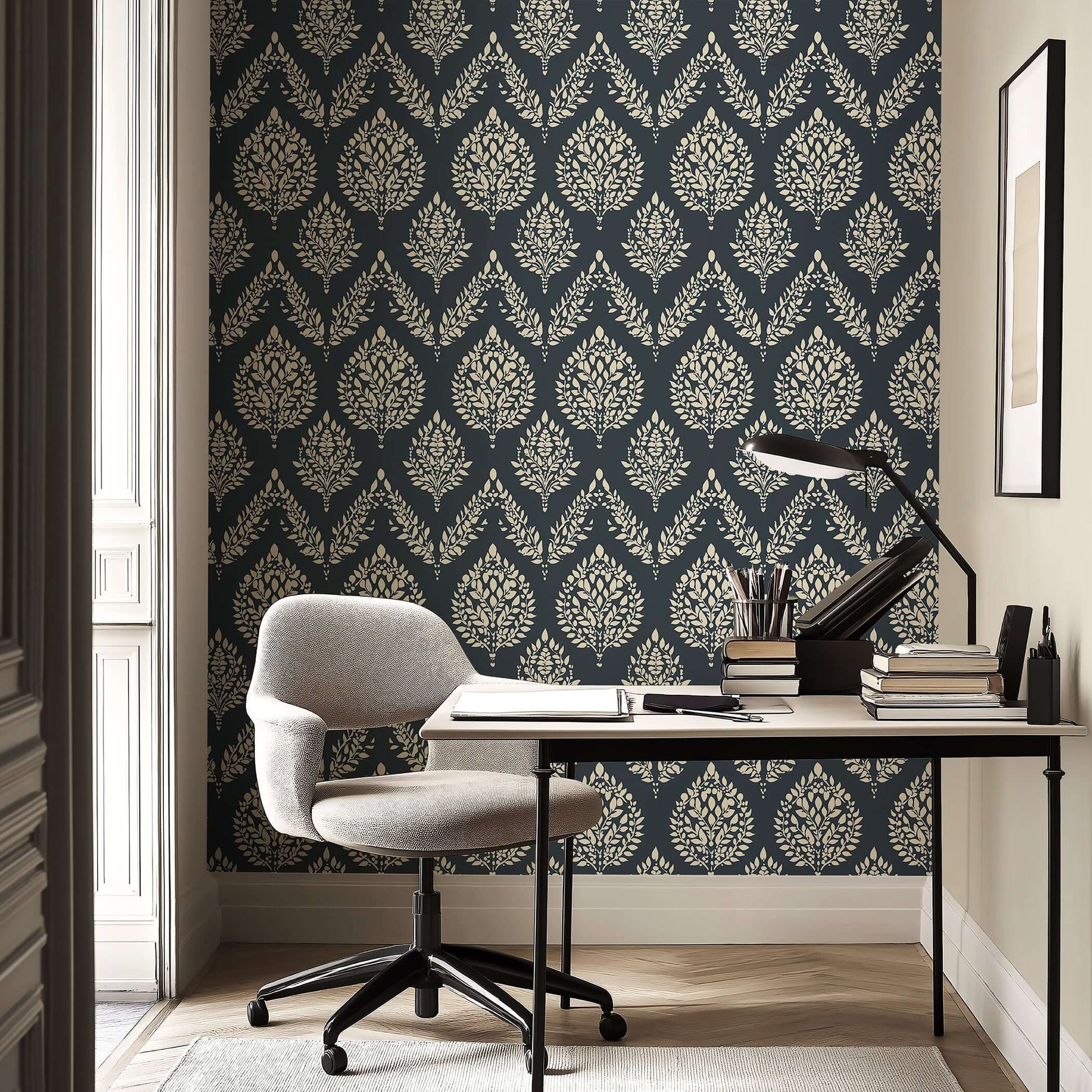 "Heritage Flora" wallpaper with ivory laurels on charcoal, ideal for accent walls, vintage floral appeal in cozy studies or dining rooms.