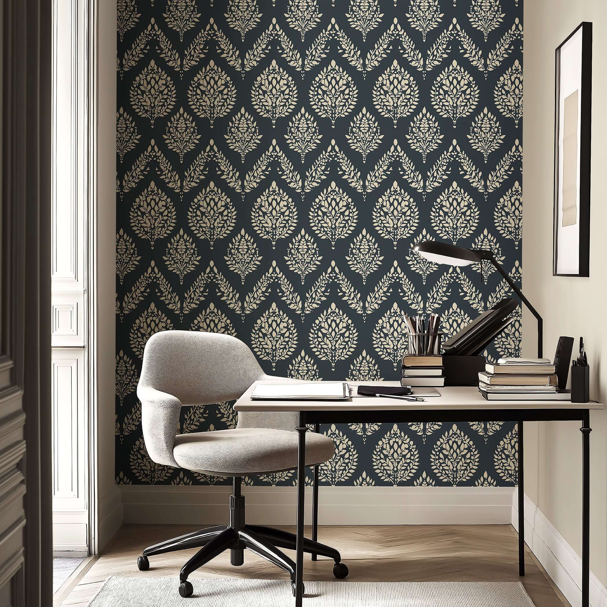"Heritage Flora" wallpaper with ivory laurels on charcoal, ideal for accent walls, vintage floral appeal in cozy studies or dining rooms.