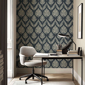 "Heritage Flora" wallpaper with ivory laurels on charcoal, ideal for accent walls, vintage floral appeal in cozy studies or dining rooms.