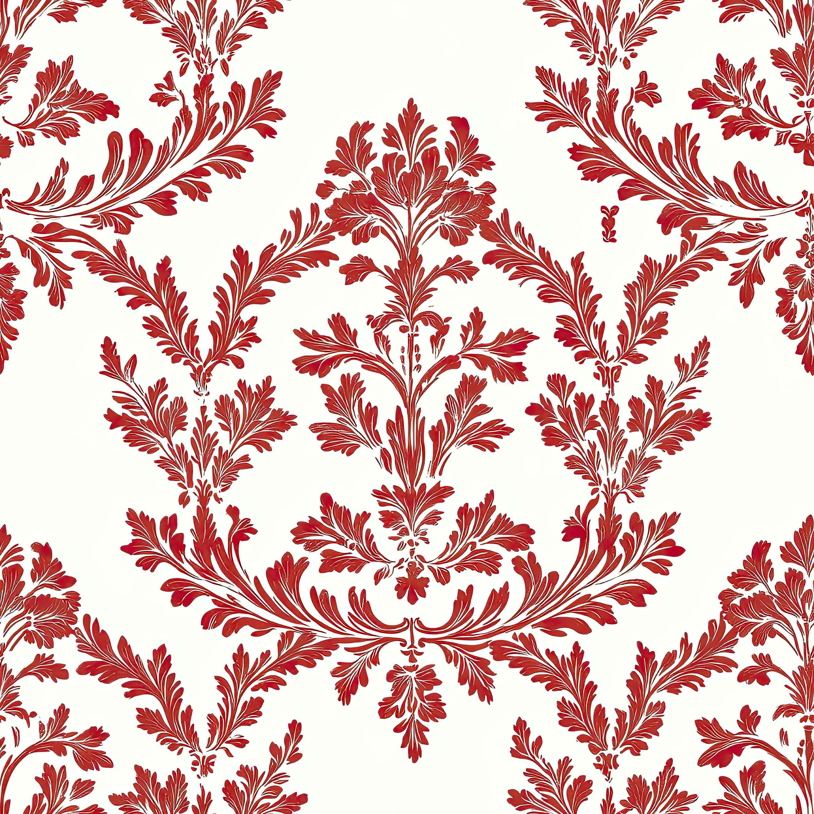 Scarlett Chateau red damask wallpaper featuring ornate floral patterns on a soft ivory backdrop, ideal for vintage French decor.