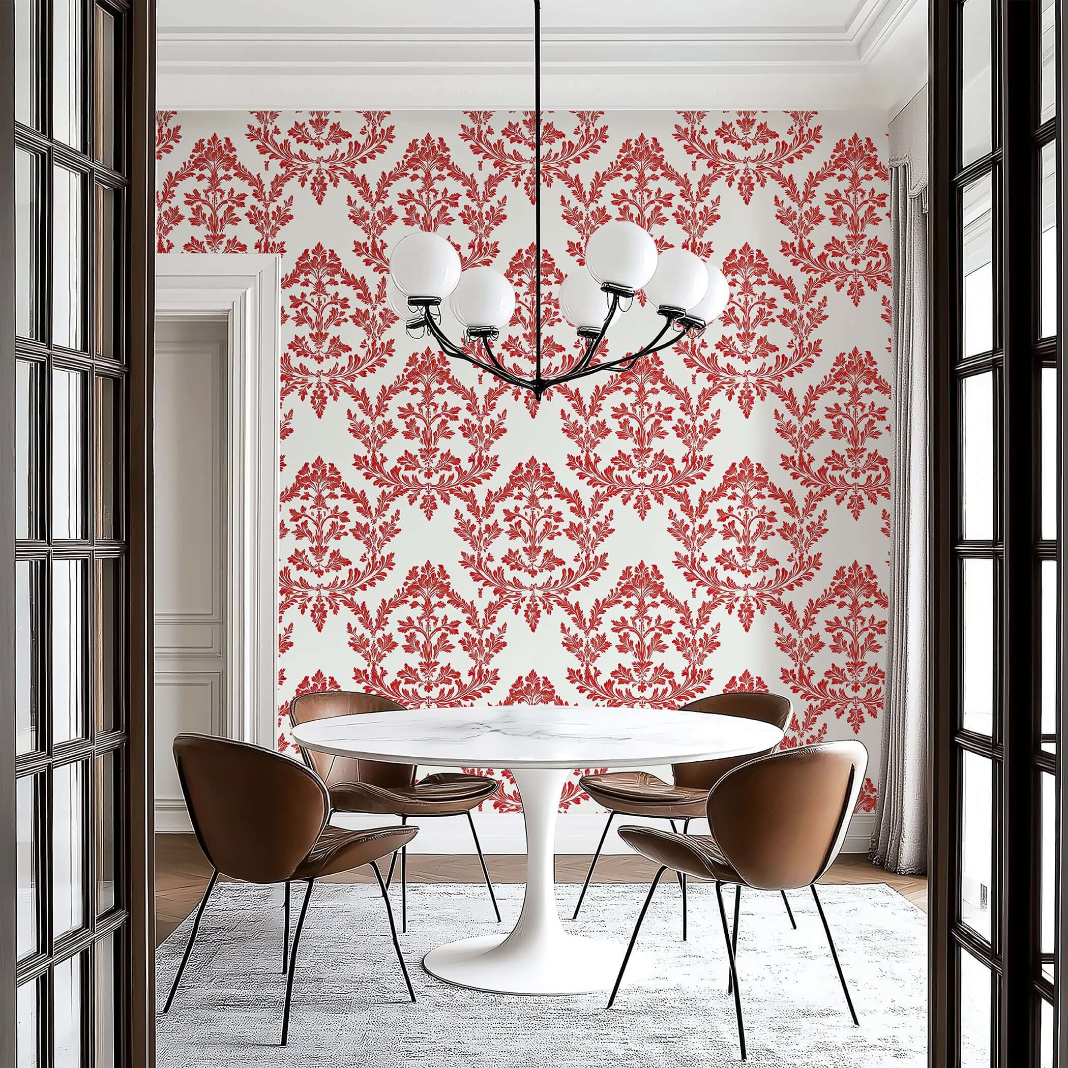 Scarlett Chateau wallpaper with red damask design in a vintage-style dining room setting, featuring florals for classic elegance.
