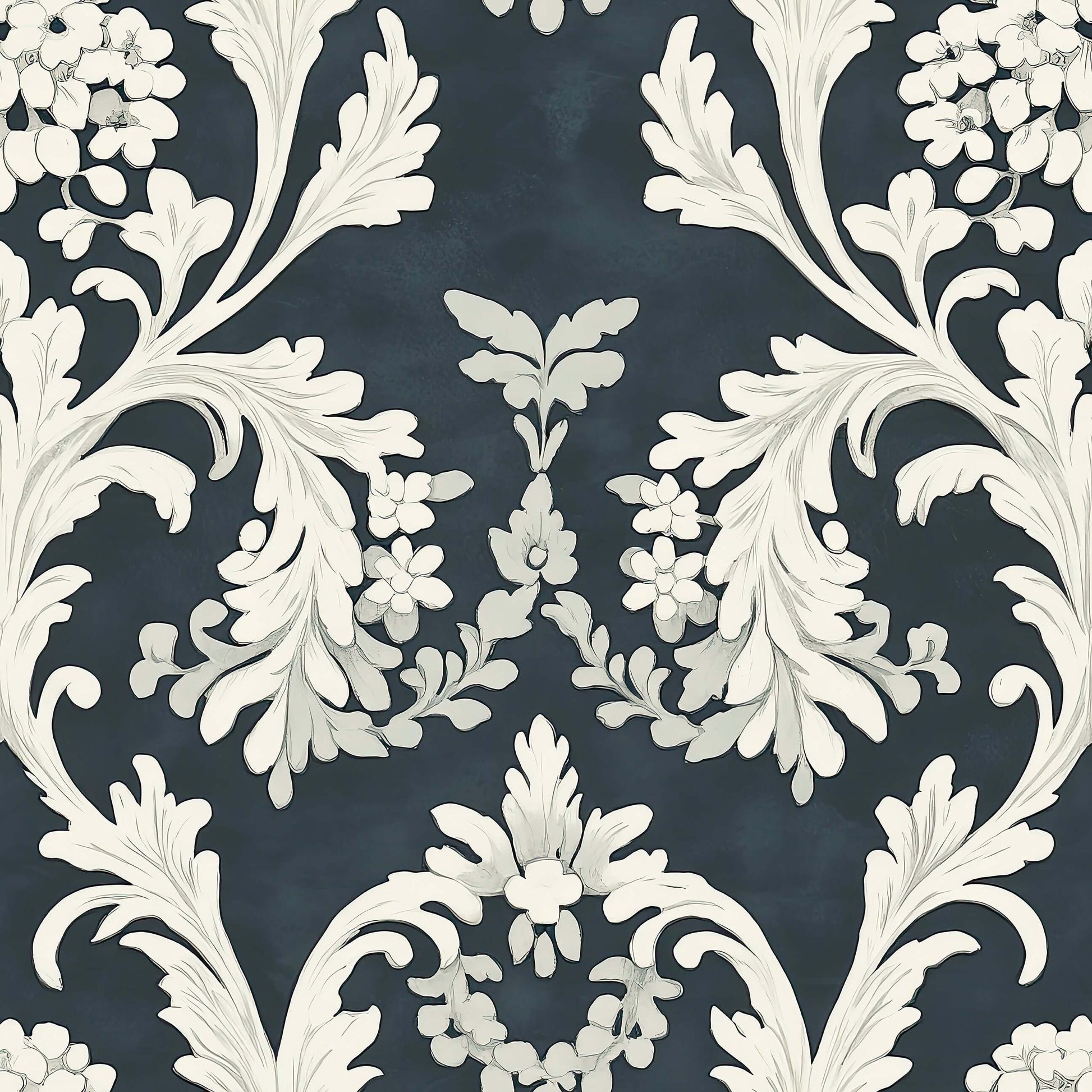 Timeless Baroque wallpaper with vintage damask design, featuring elegant florals and scrolls on a dark background for a classic look.