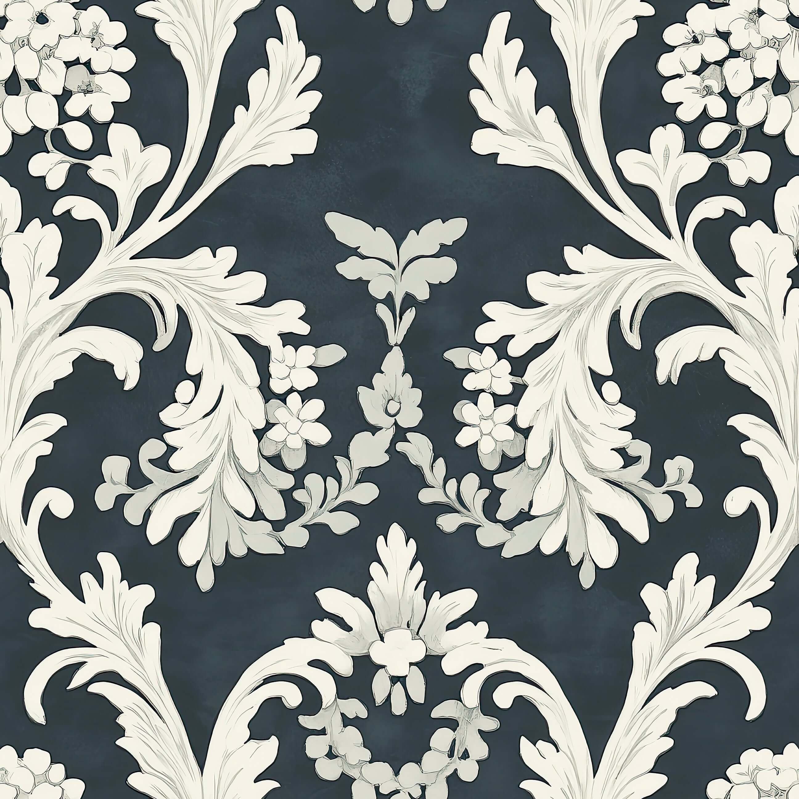 Timeless Baroque wallpaper with vintage damask design, featuring elegant florals and scrolls on a dark background for a classic look.
