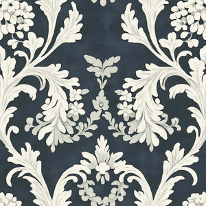 Timeless Baroque wallpaper with vintage damask design, featuring elegant florals and scrolls on a dark background for a classic look.