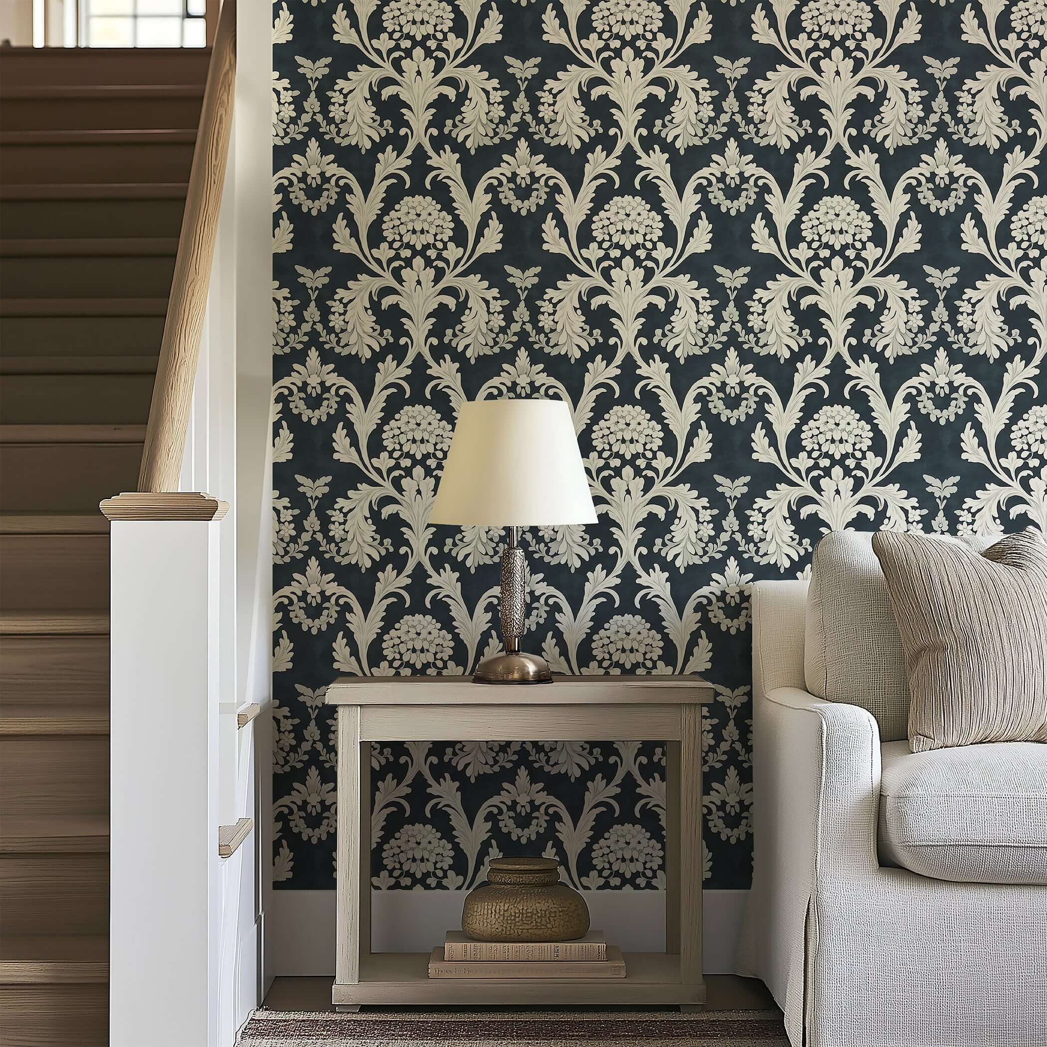 Elegant room featuring Timeless Baroque wallpaper with floral damask pattern, vintage design enhancing a classic and sophisticated interior.