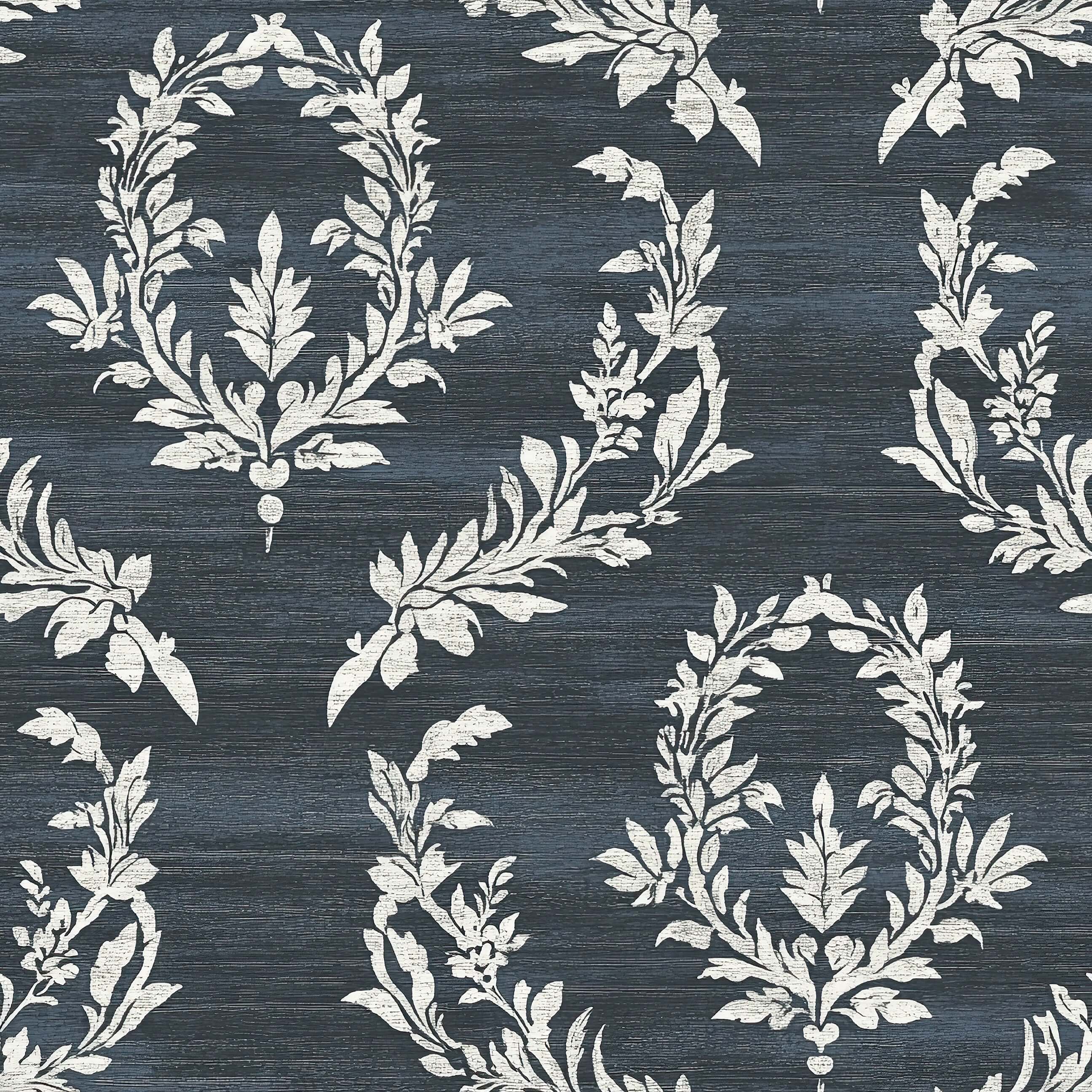 Midnight Laurel wallpaper featuring white laurel wreaths on a dark blue background; ideal for traditional or contemporary design.