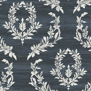 Midnight Laurel wallpaper featuring white laurel wreaths on a dark blue background; ideal for traditional or contemporary design.