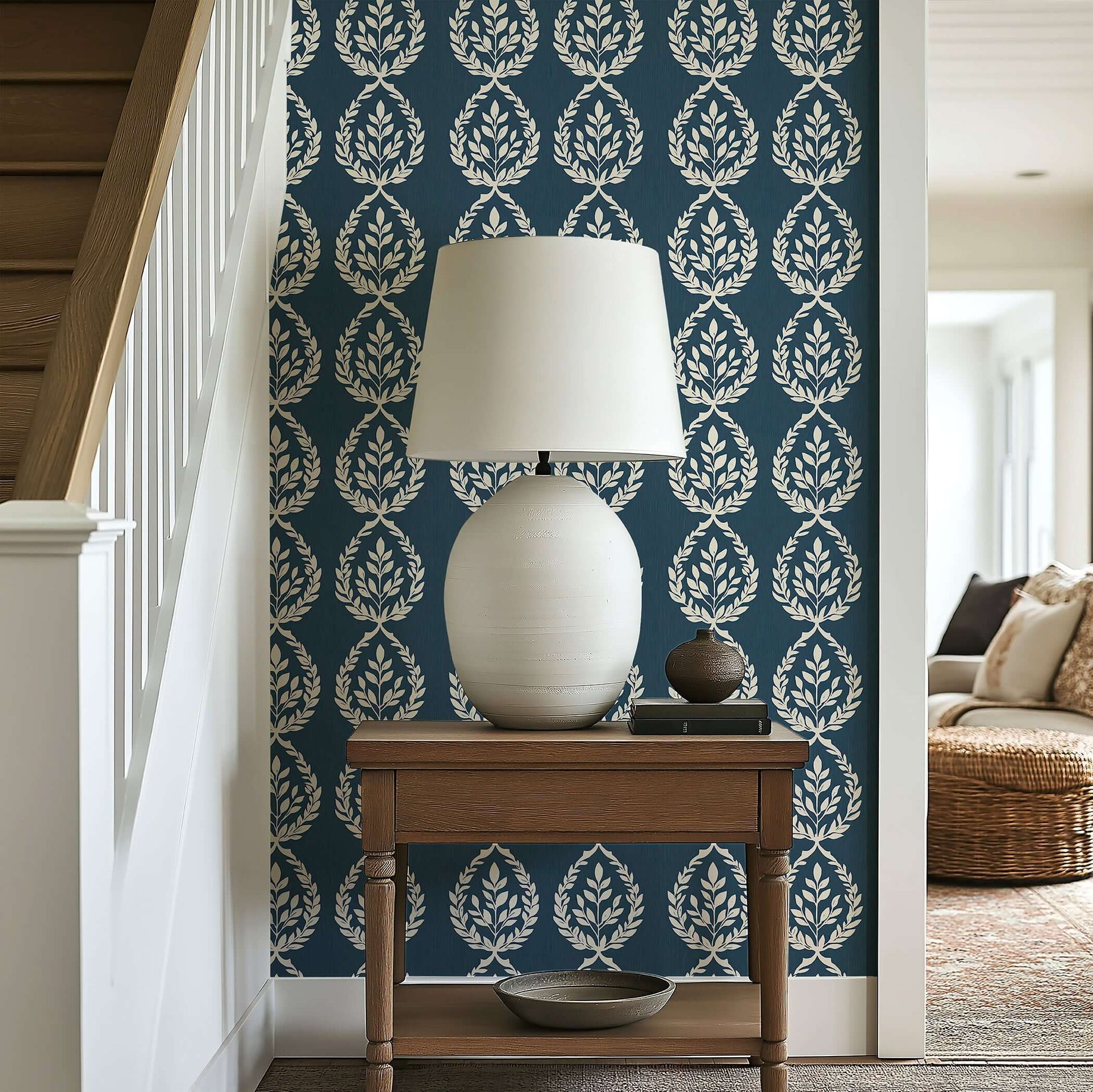 Navy Heritage Wreath Wallpaper featuring elegant ivory laurel wreaths on navy, ideal for traditional and coastal interiors.