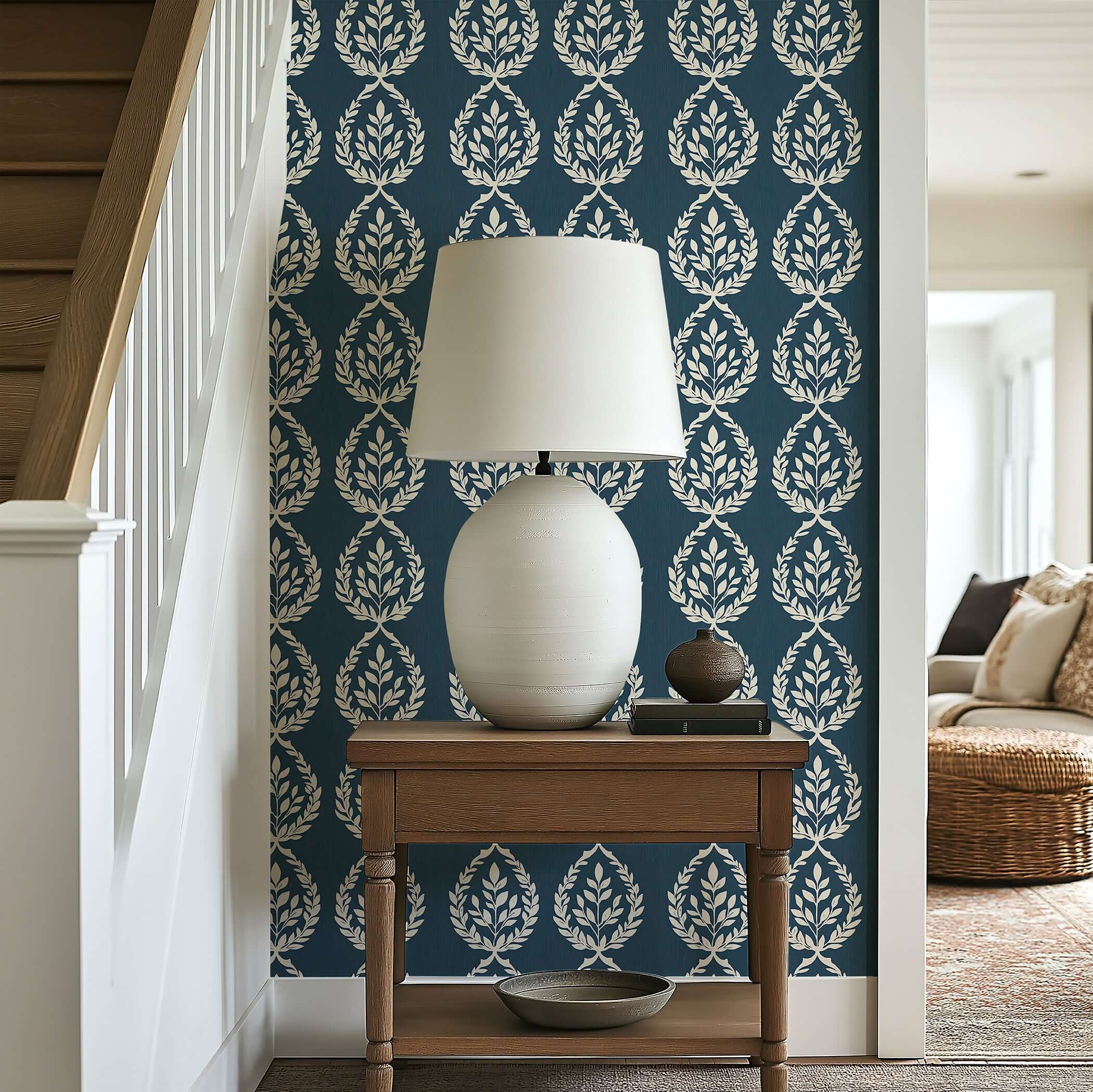 Navy Heritage Wreath Wallpaper featuring elegant ivory laurel wreaths on navy, ideal for traditional and coastal interiors.