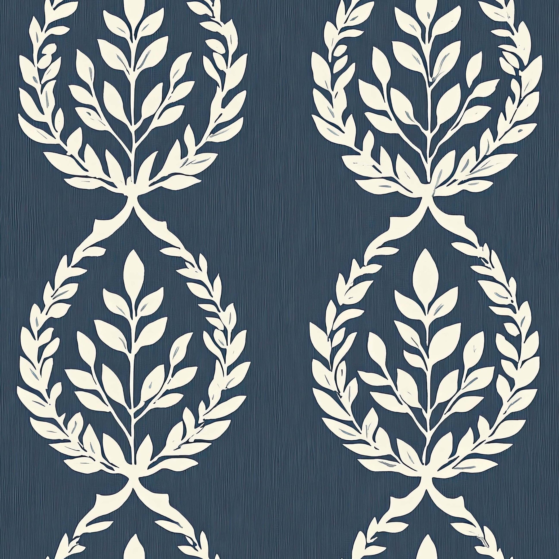 Navy Heritage Wreath Wallpaper featuring elegant ivory laurel wreaths on a deep navy background, ideal for traditional decor.