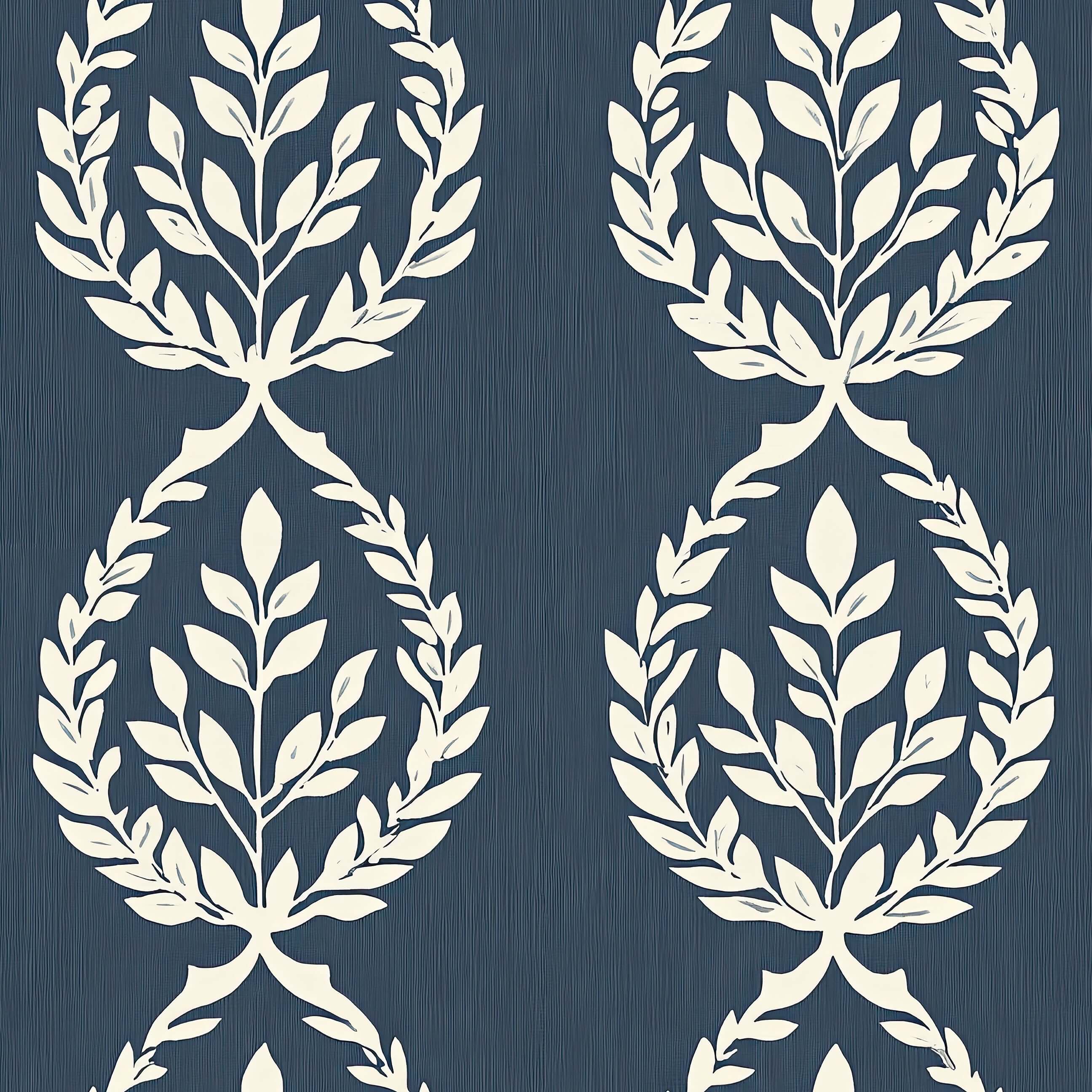 Navy Heritage Wreath Wallpaper featuring elegant ivory laurel wreaths on a deep navy background, ideal for traditional decor.