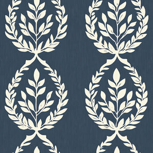 Navy Heritage Wreath Wallpaper featuring elegant ivory laurel wreaths on a deep navy background, ideal for traditional decor.