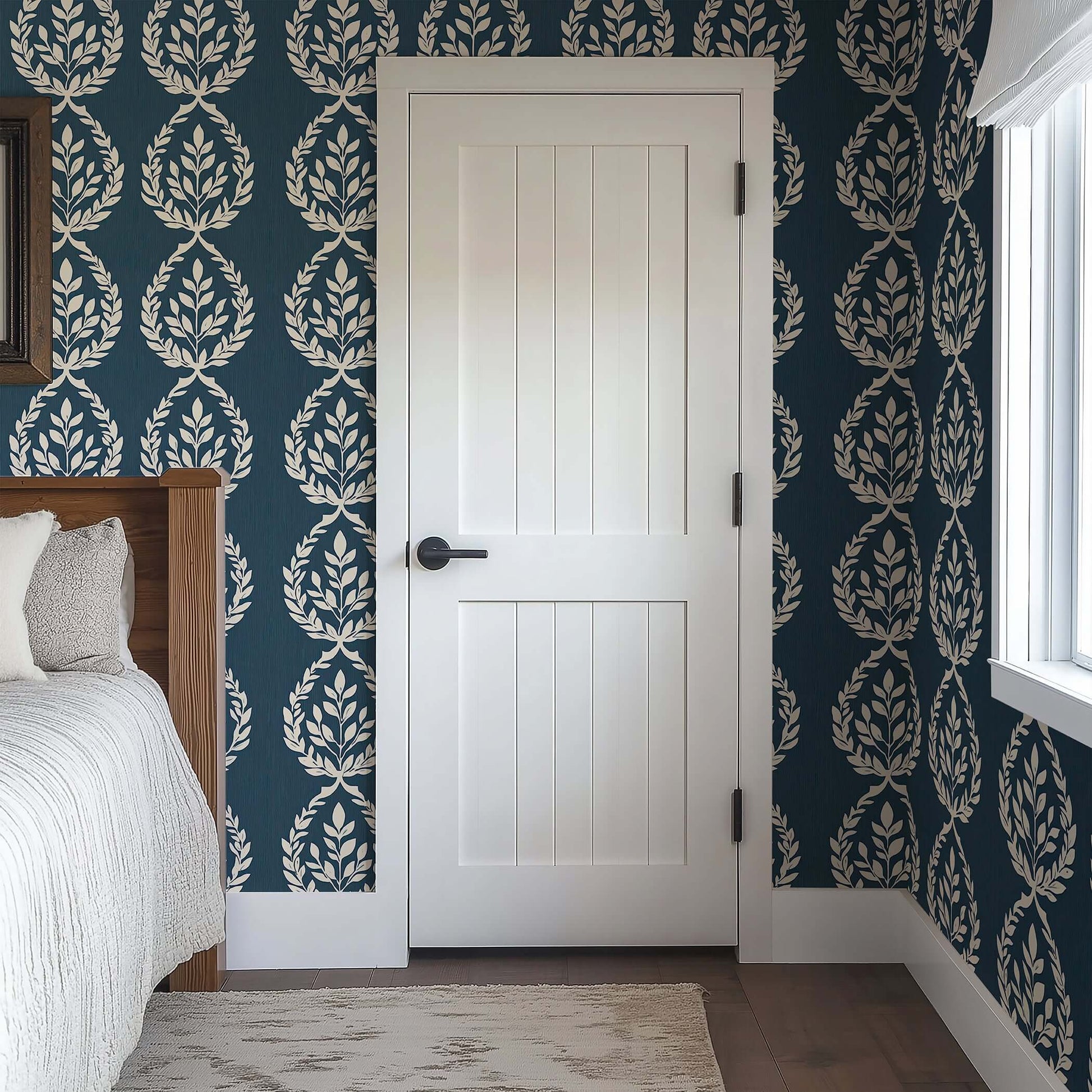 Navy Heritage Wreath wallpaper with laurel wreath pattern, enhancing traditional decor with elegant contrast of ivory florals on navy.