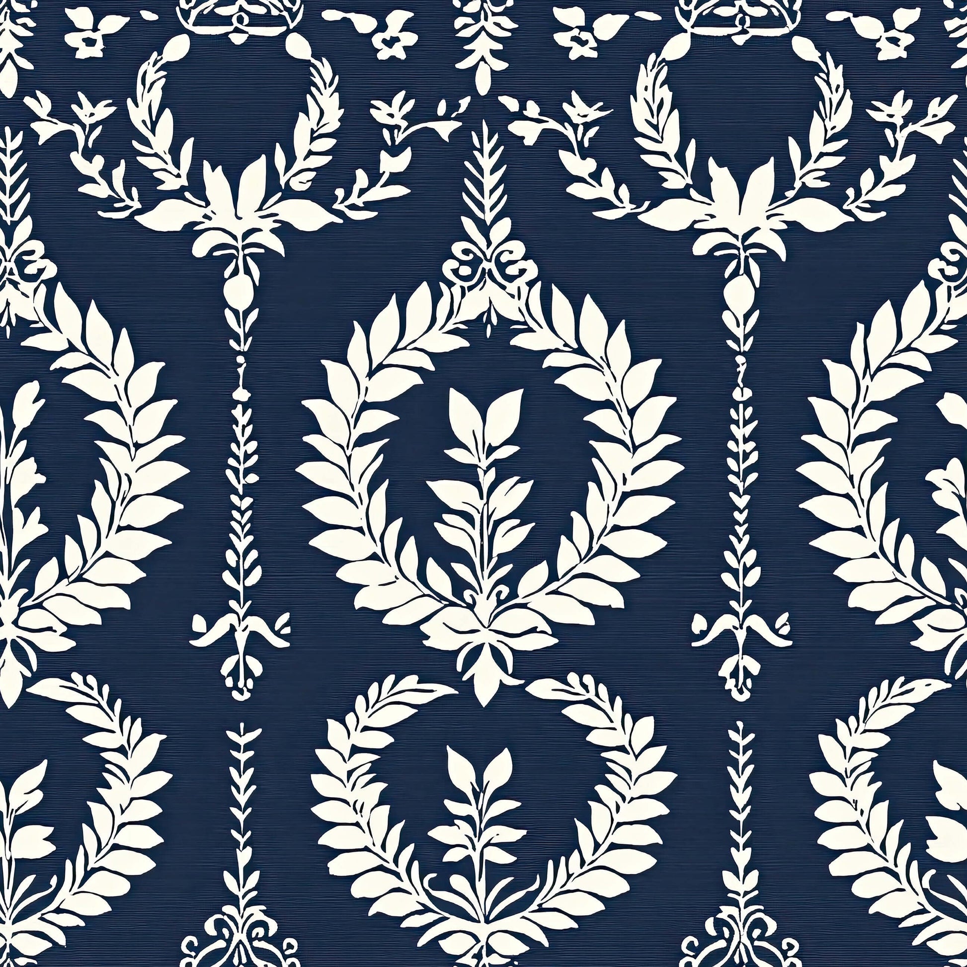 Nobility Wreath wallpaper with ivory laurel wreaths and flourishes on navy, adding traditional elegance to spaces. Florals, laurel pattern.