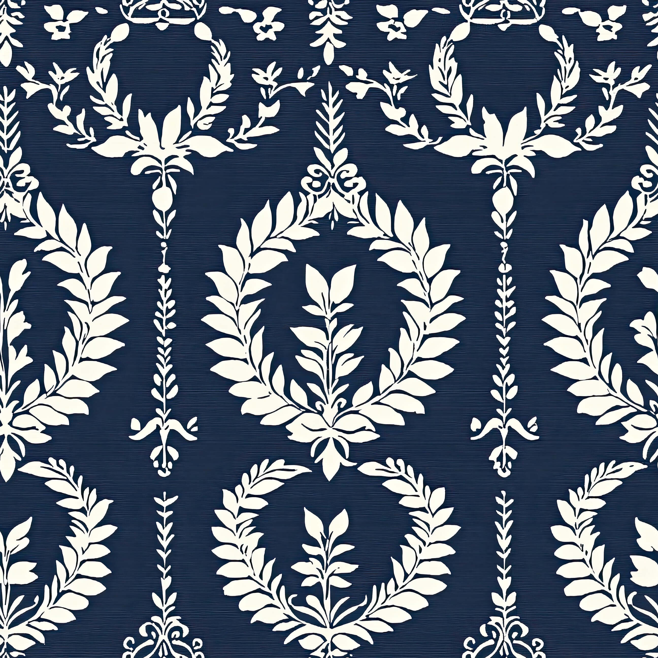 Nobility Wreath wallpaper with ivory laurel wreaths and flourishes on navy, adding traditional elegance to spaces. Florals, laurel pattern.