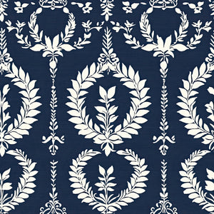 Nobility Wreath wallpaper with ivory laurel wreaths and flourishes on navy, adding traditional elegance to spaces. Florals, laurel pattern.