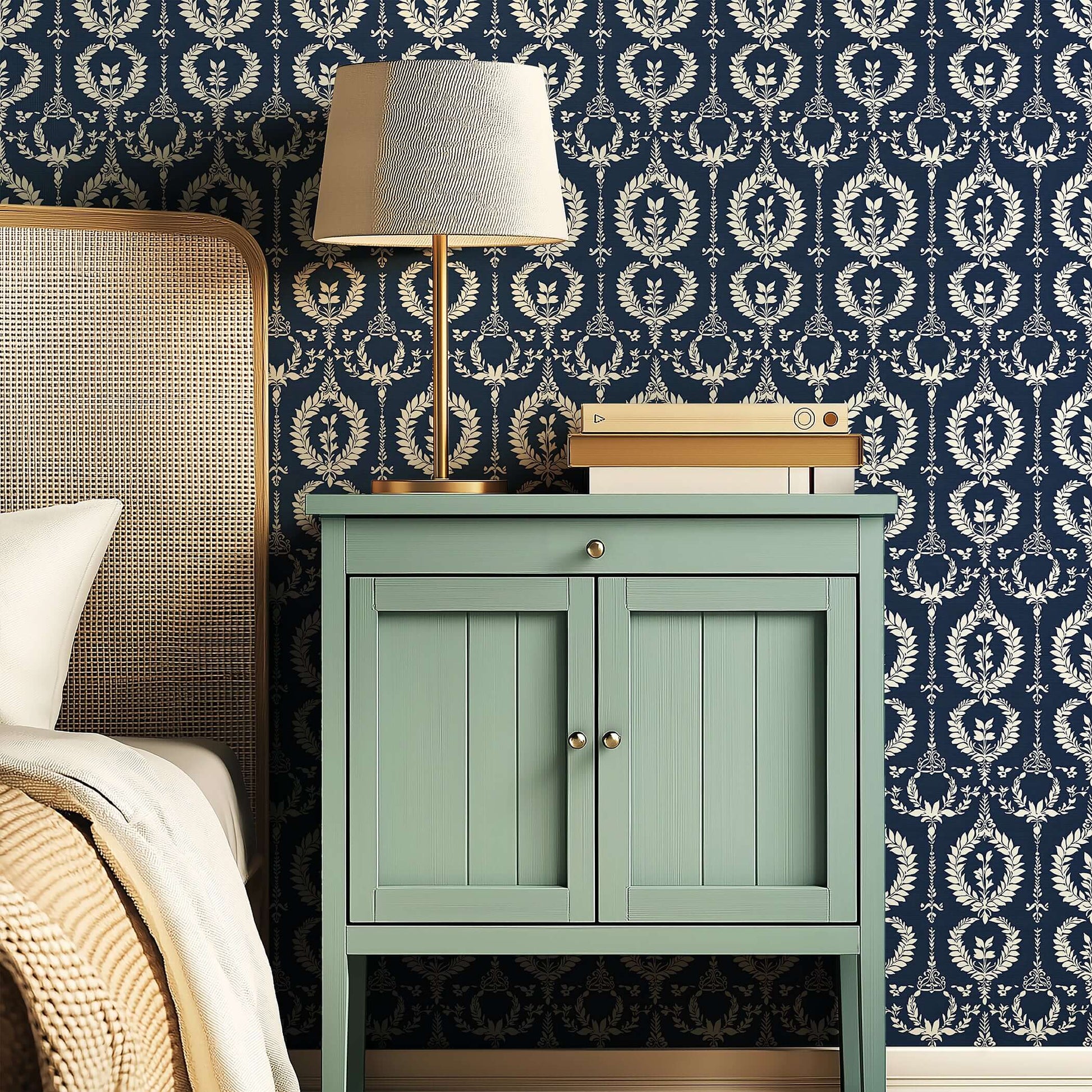 Nobility Wreath wallpaper featuring ivory laurel wreaths on navy, enhancing traditional decor with florals and elegance.