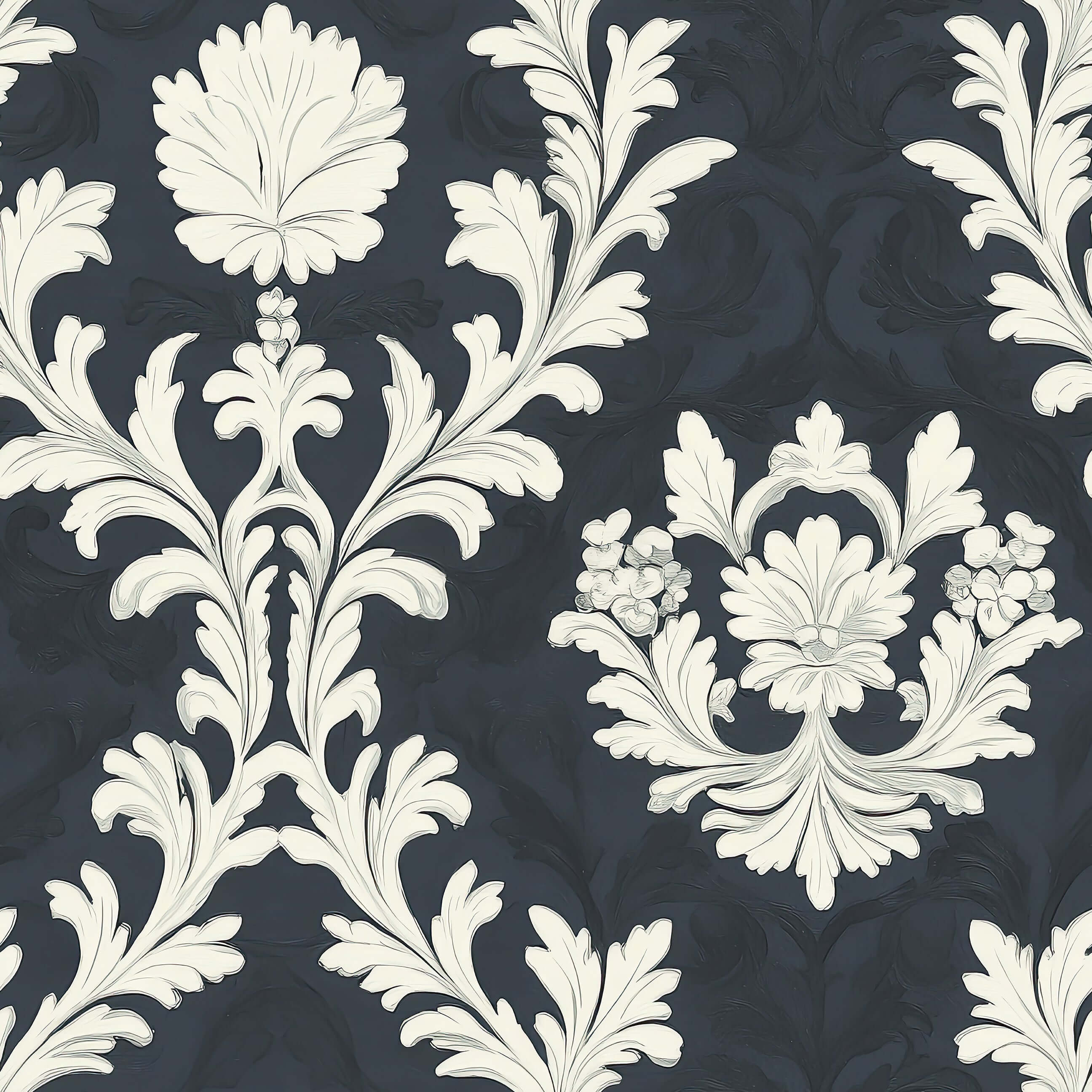 Regal Midnight Flourish Wallpaper with ivory florals, vintage damask design ideal for elegant statement walls and luxury settings.