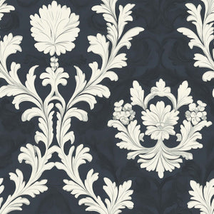 Regal Midnight Flourish Wallpaper with ivory florals, vintage damask design ideal for elegant statement walls and luxury settings.