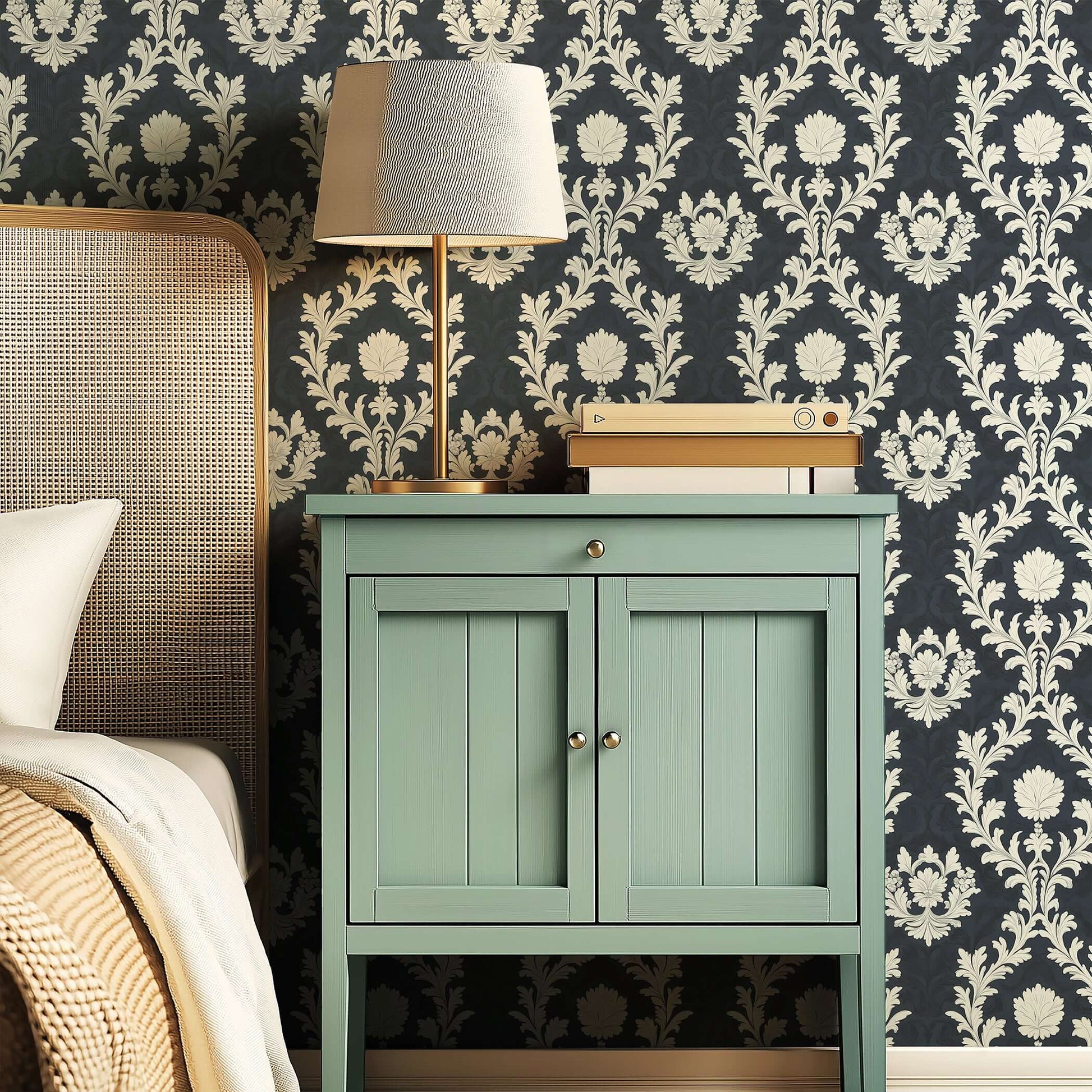 Regal Midnight Flourish wallpaper featuring ornate ivory florals on a dark background in a vintage design setting with a lamp and cabinet.