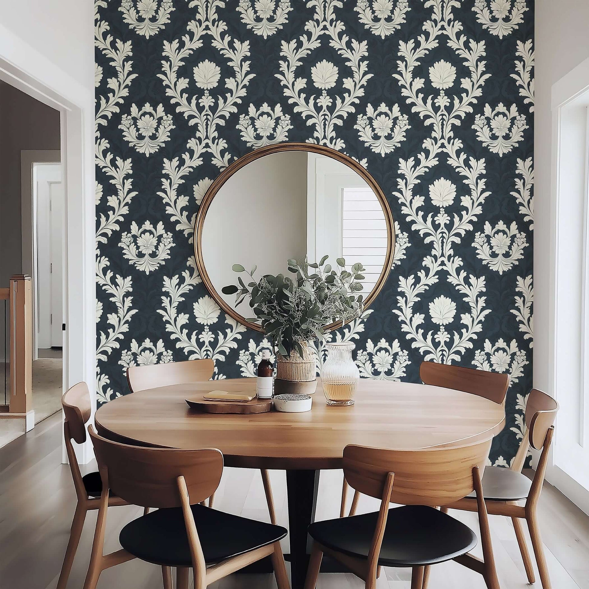 Regal Midnight Flourish wallpaper with ornate ivory florals and damask design, enhancing a vintage dining room setting.
