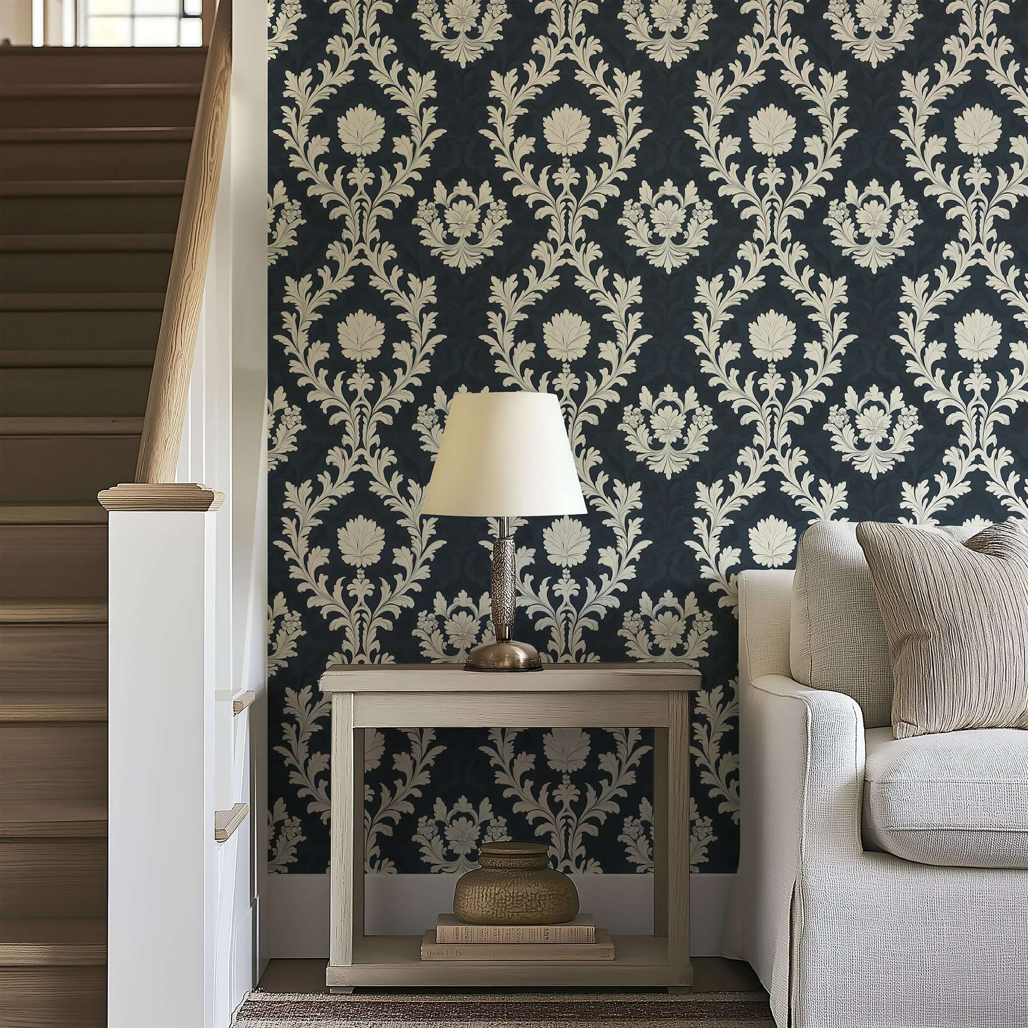 Regal Midnight Flourish wallpaper with ivory damask florals on a dark background, enhancing vintage decor in a living room.