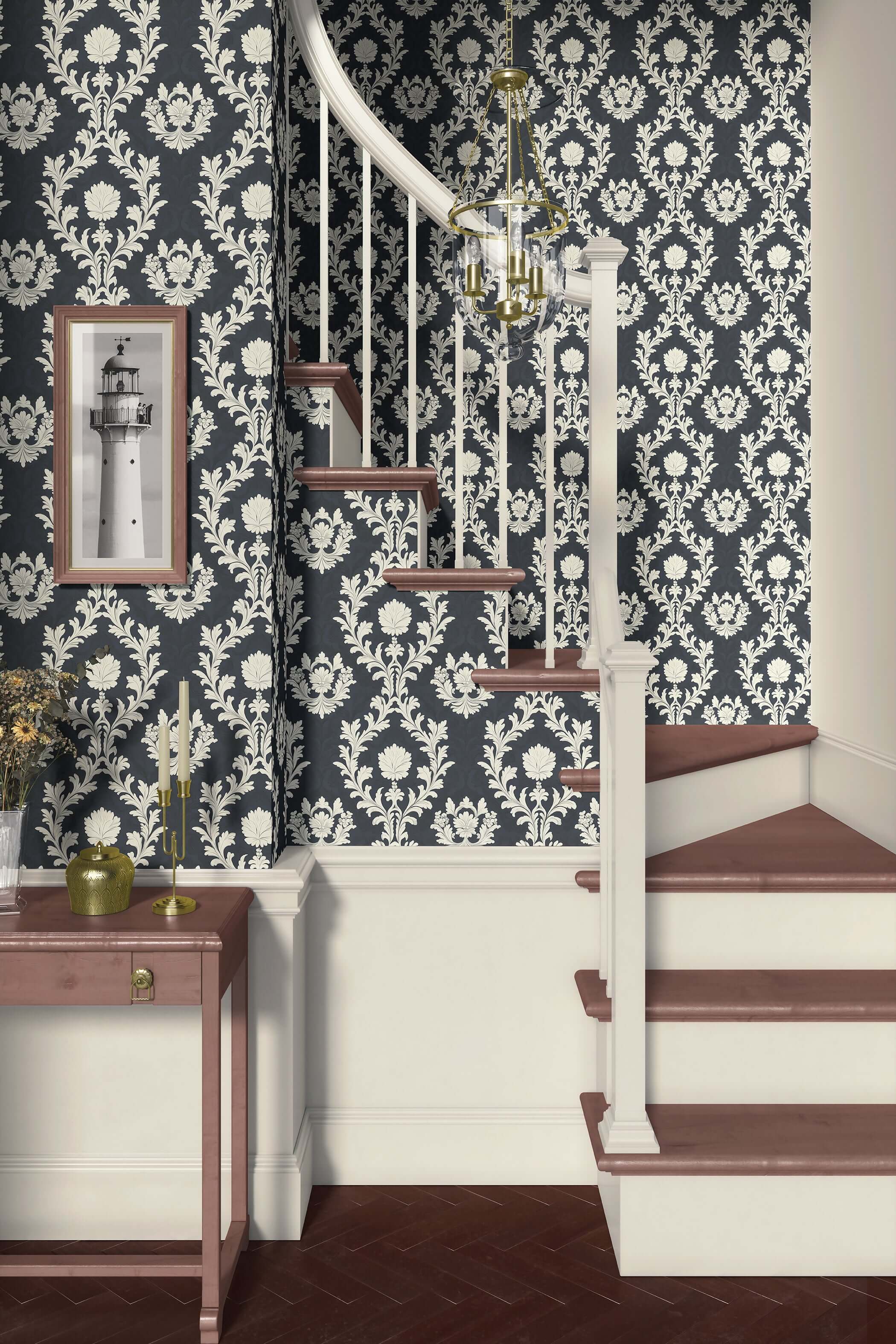 Regal Midnight Flourish wallpaper with ivory florals and damask design on a staircase wall, featuring vintage elegance.