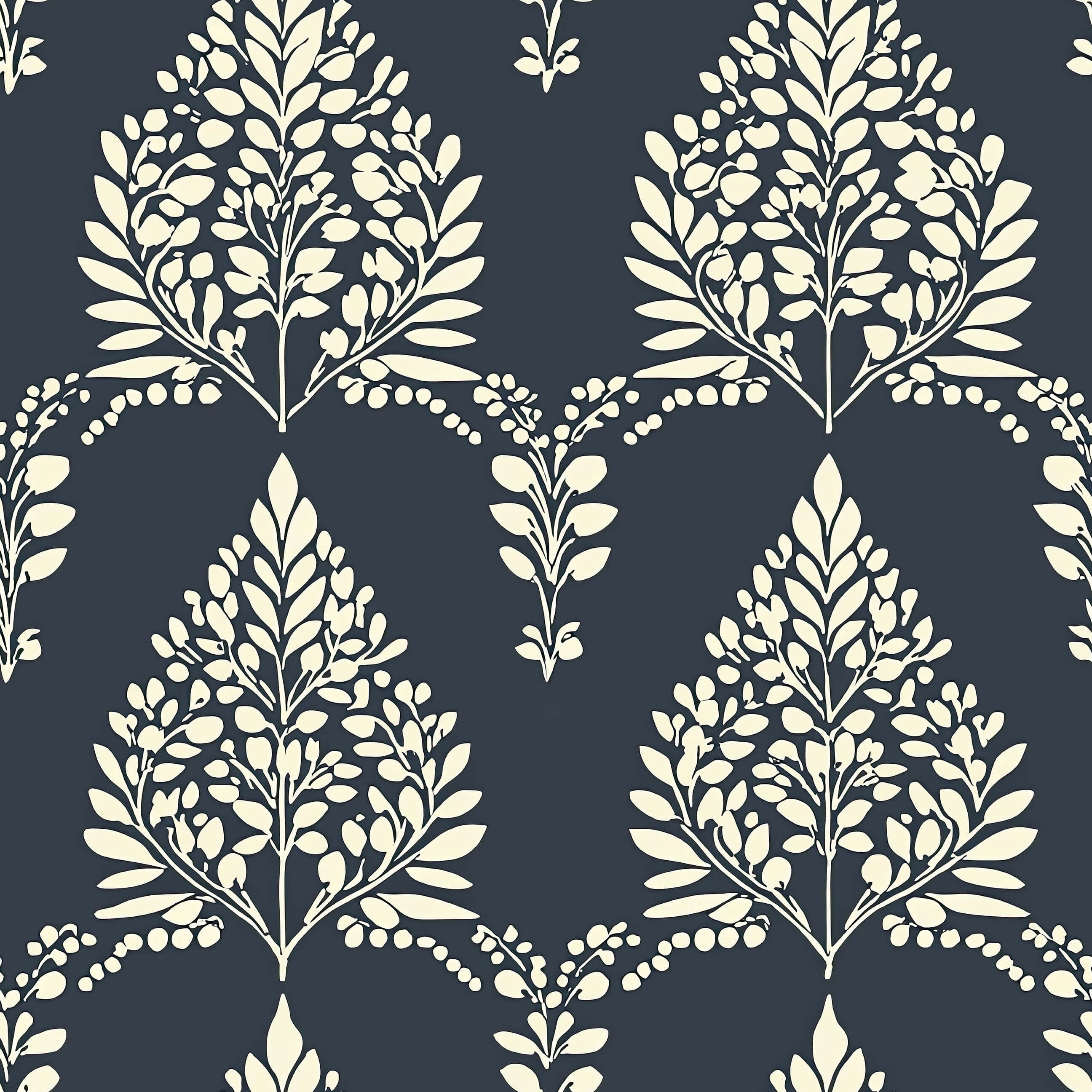 Noir Bloom wallpaper with creamy laurel wreath florals on charcoal backdrop, ideal for modern vintage decor.