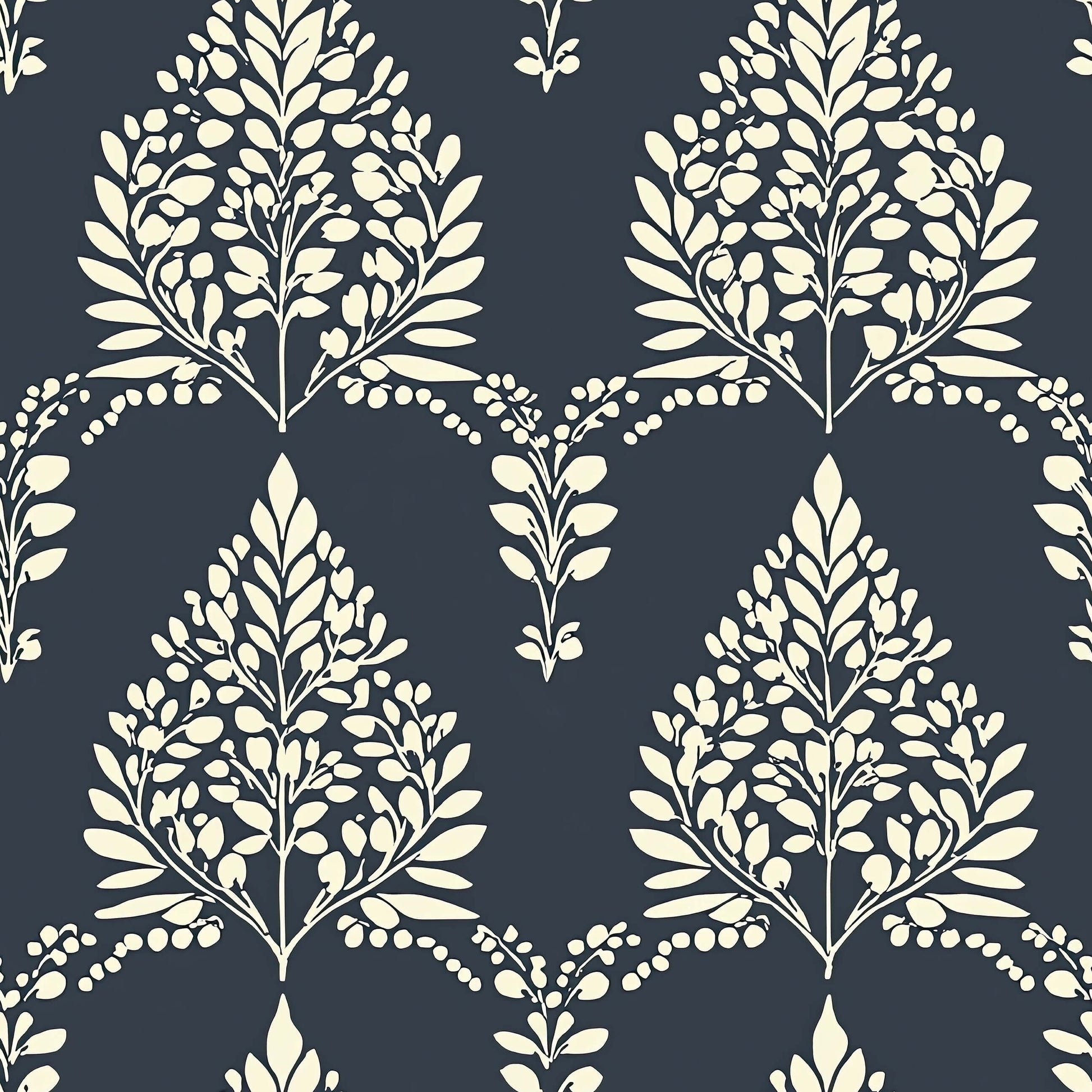 Noir Bloom wallpaper with creamy laurel wreath florals on charcoal backdrop, ideal for modern vintage decor.