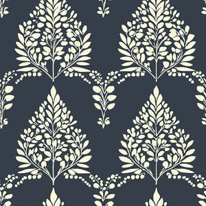 Noir Bloom wallpaper with creamy laurel wreath florals on charcoal backdrop, ideal for modern vintage decor.