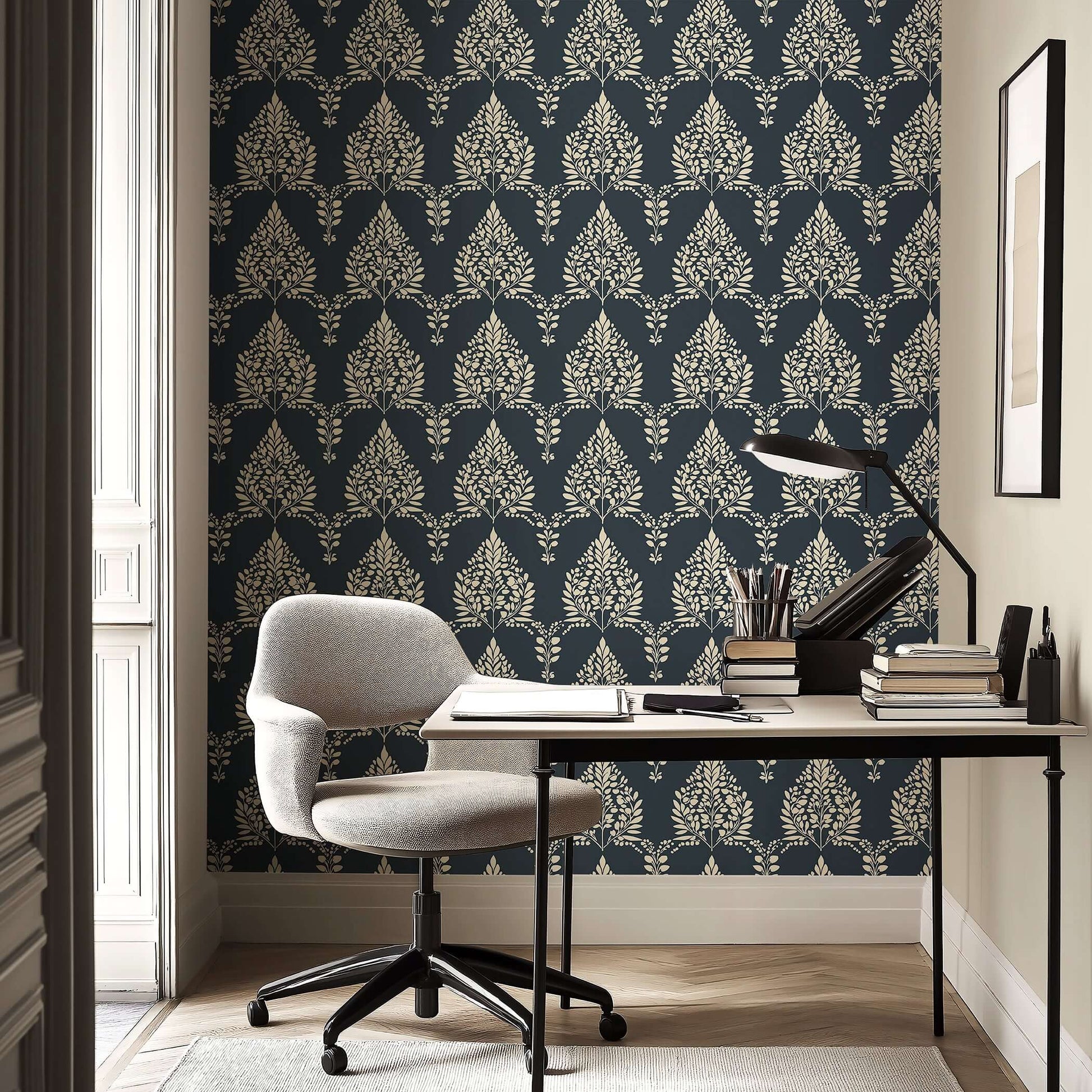 Elegant office with Noir Bloom wallpaper featuring creamy floral laurel wreaths on charcoal, enhancing sophistication and style.