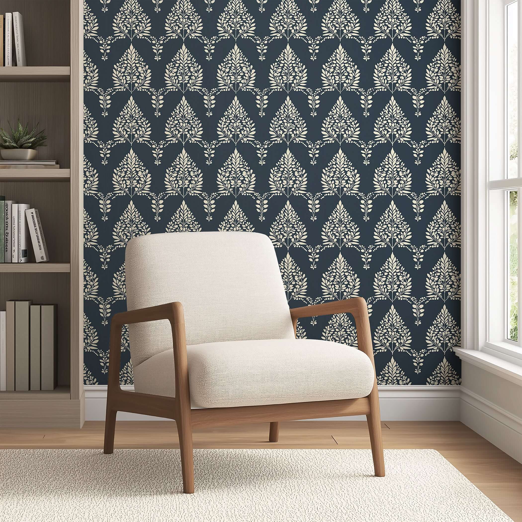 "Noir Bloom" wallpaper featuring creamy floral and laurel silhouettes on charcoal, perfect for elegant home decor.