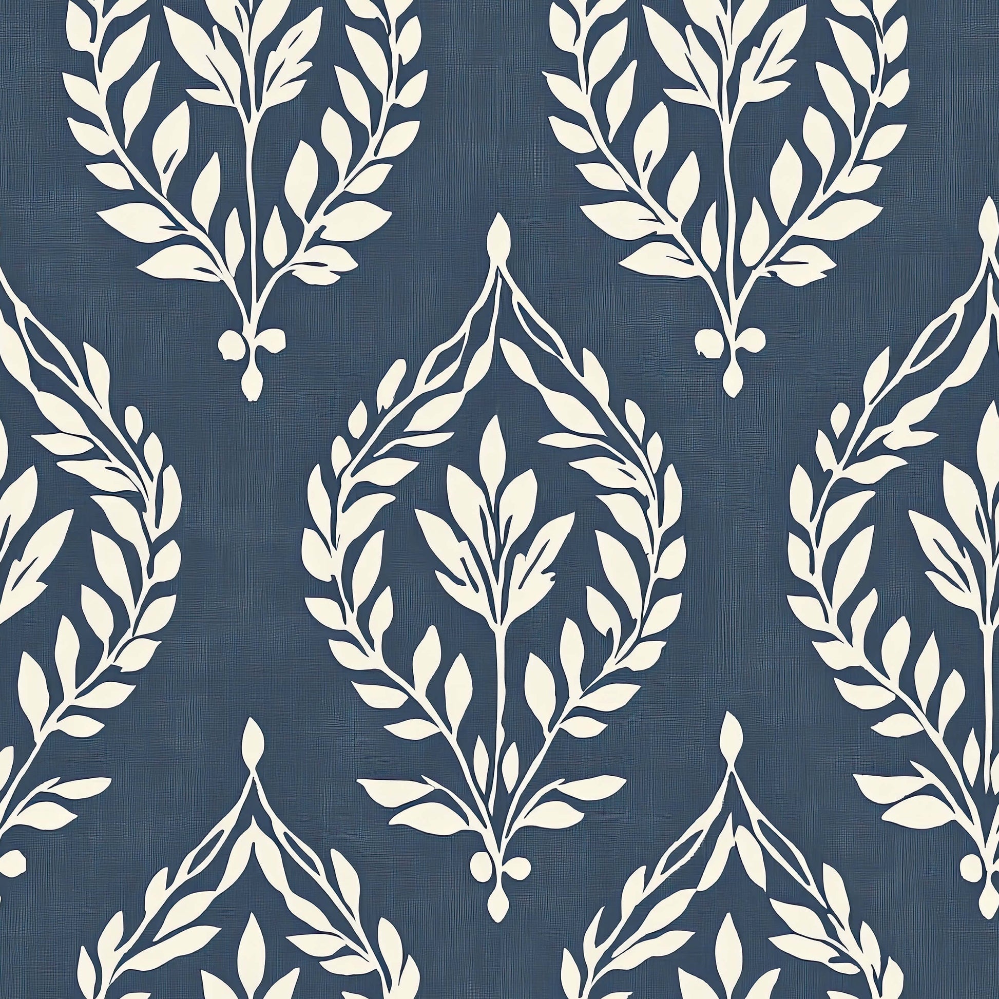Vintage Laurel Charm wallpaper featuring slate blue background and ivory laurel wreath motifs, blending traditional and modern floral elegance.