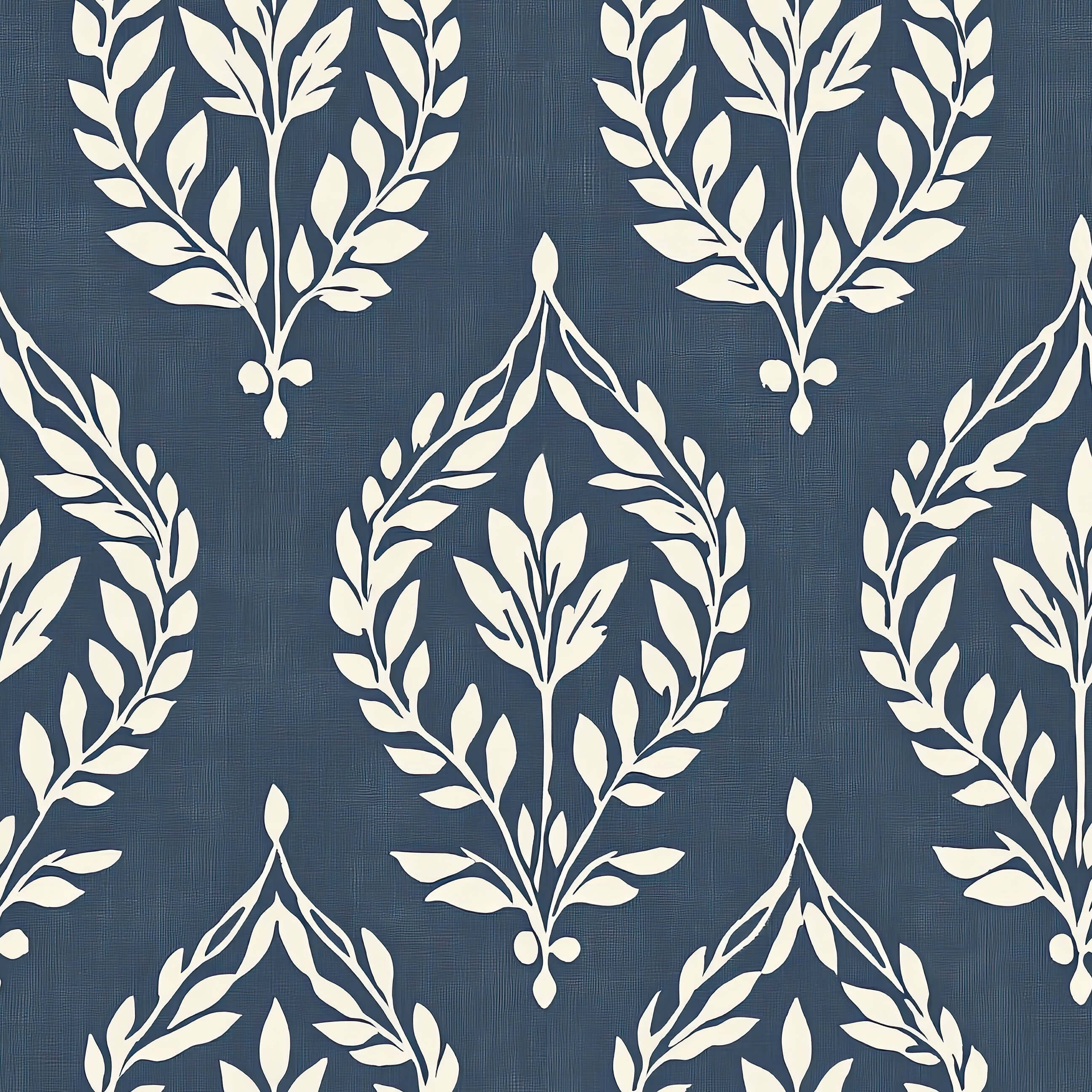 Vintage Laurel Charm wallpaper featuring slate blue background and ivory laurel wreath motifs, blending traditional and modern floral elegance.