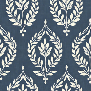 Vintage Laurel Charm wallpaper featuring slate blue background and ivory laurel wreath motifs, blending traditional and modern floral elegance.