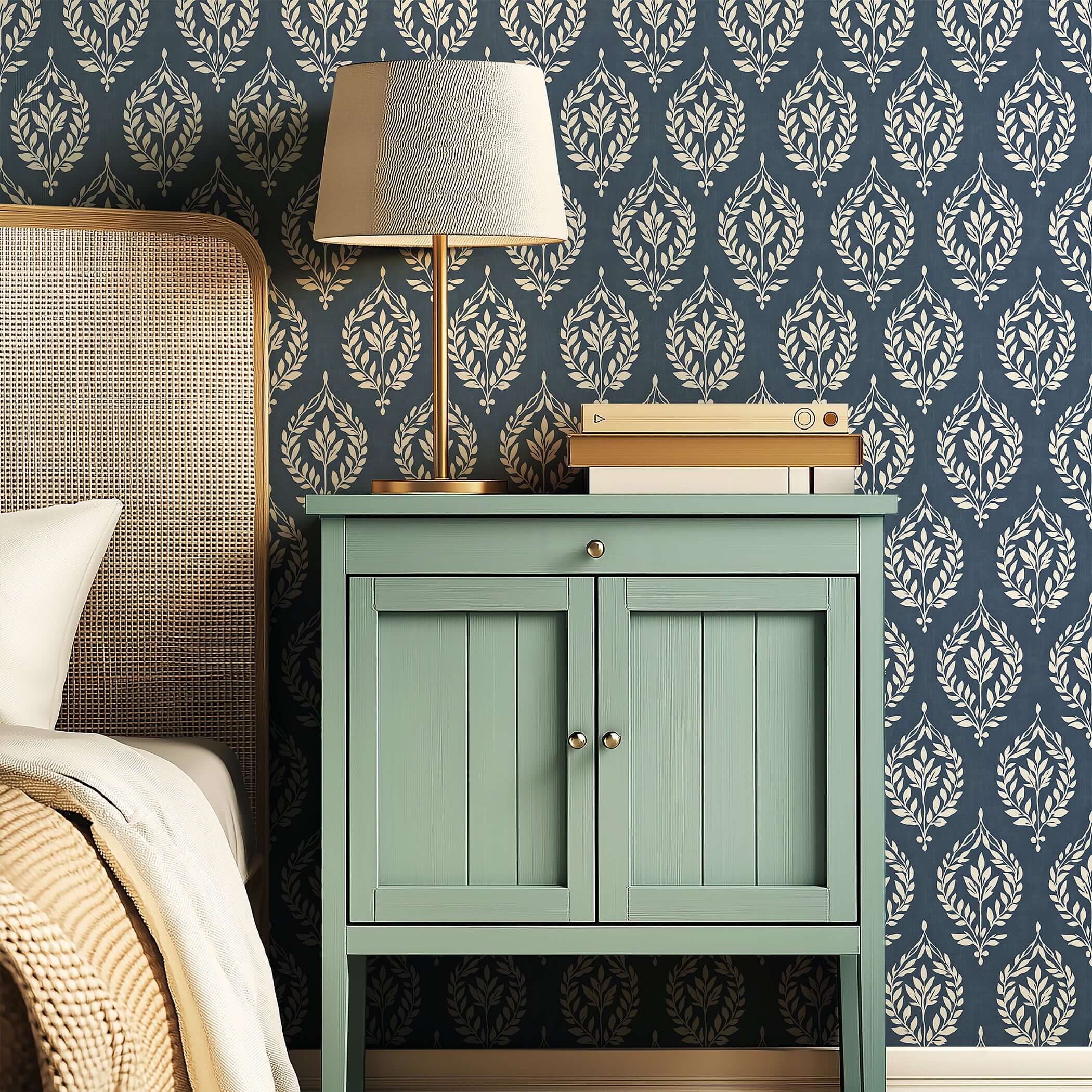 Traditional wallpaper with slate blue and ivory laurel wreath motifs brings vintage charm and elegance to home interiors.