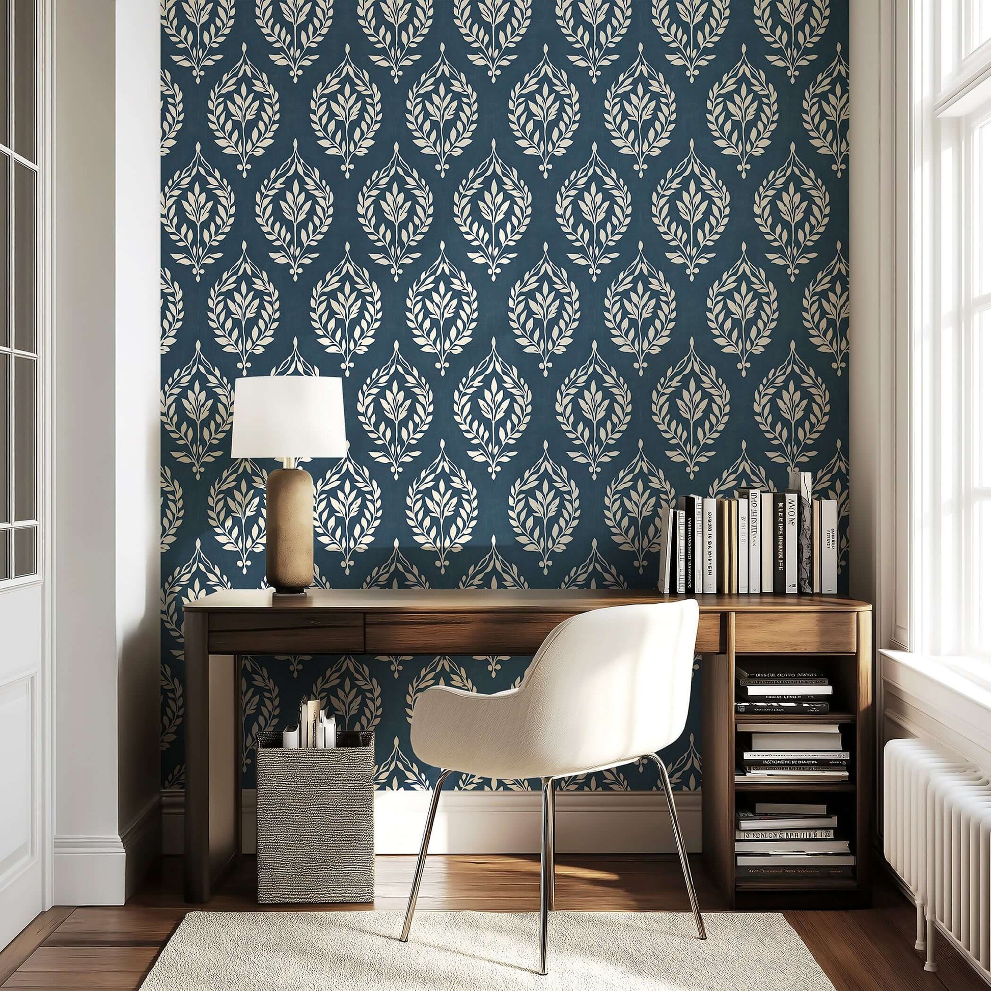 Vintage Laurel Charm wallpaper in slate blue with ivory laurel wreaths, perfect for adding traditional elegance to home interiors.