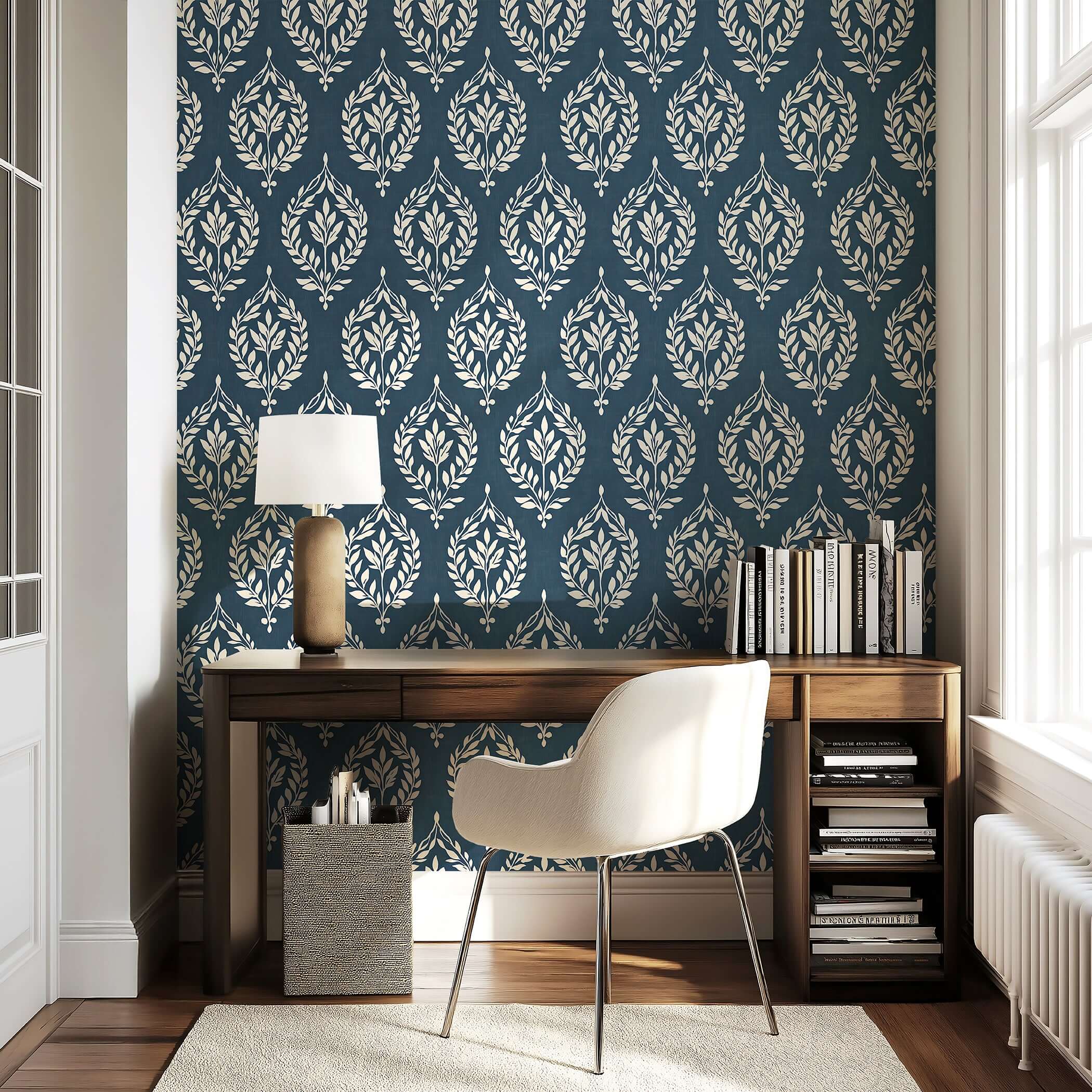 Vintage Laurel Charm wallpaper in slate blue with ivory laurel wreaths, perfect for adding traditional elegance to home interiors.